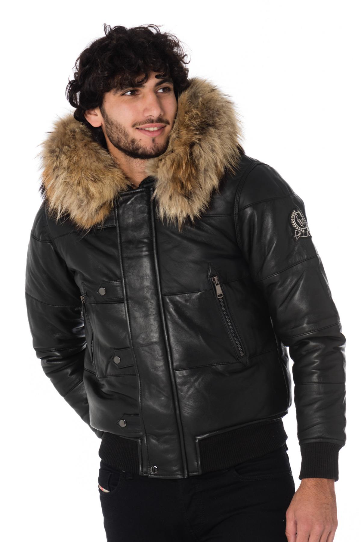 Men's down jacket in sheepskin with raccoon fur - Image n°1