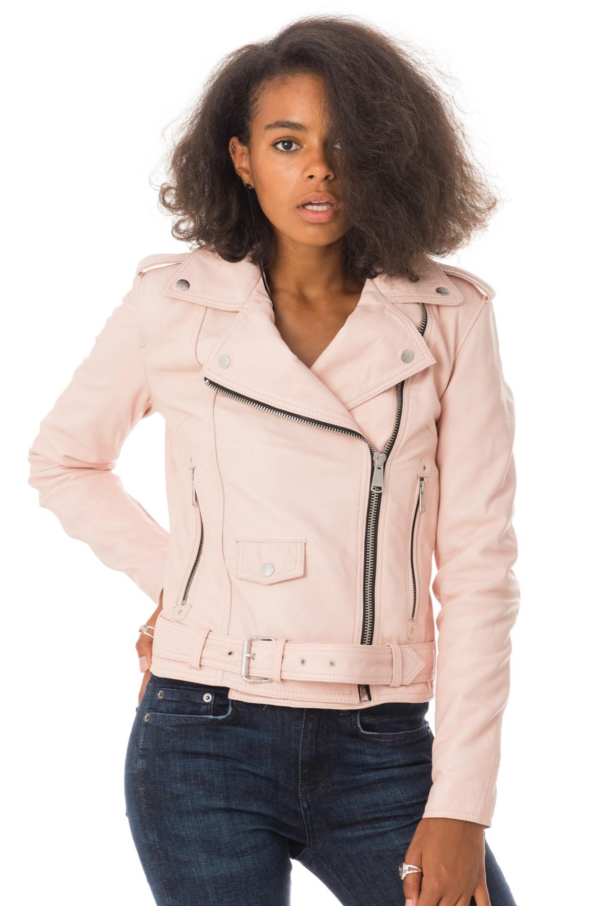 Pink sheepskin leather perfecto with belt - Image n°3