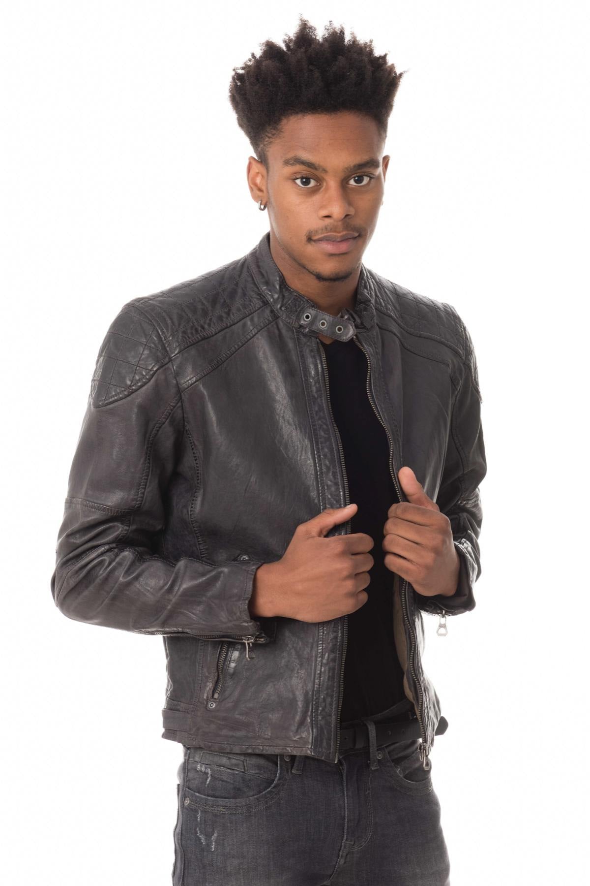 Gray lambskin leather jacket - Image n°1