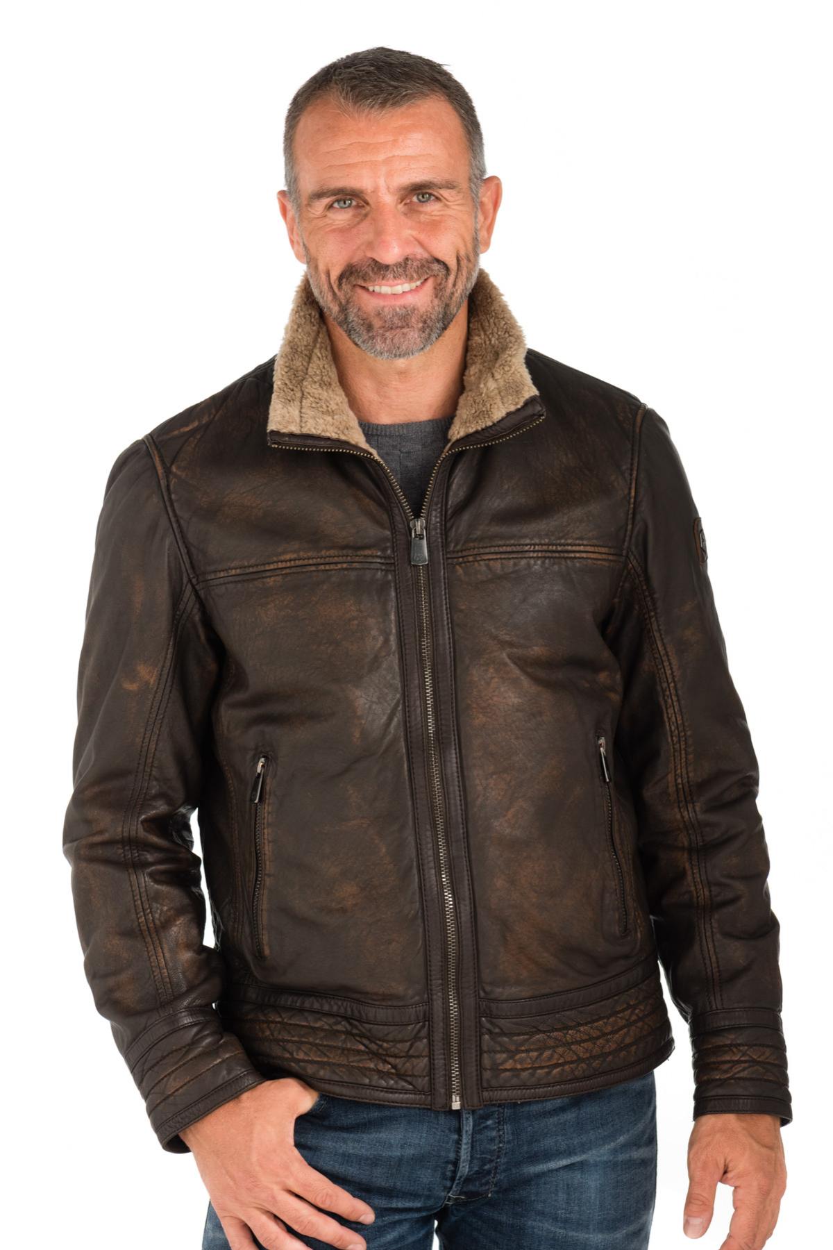 Distressed brown lambskin leather jacket - Image n°1