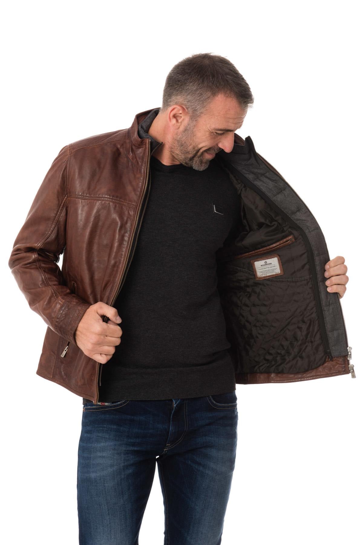 Brown Milestone leather jacket for men - Image n°6