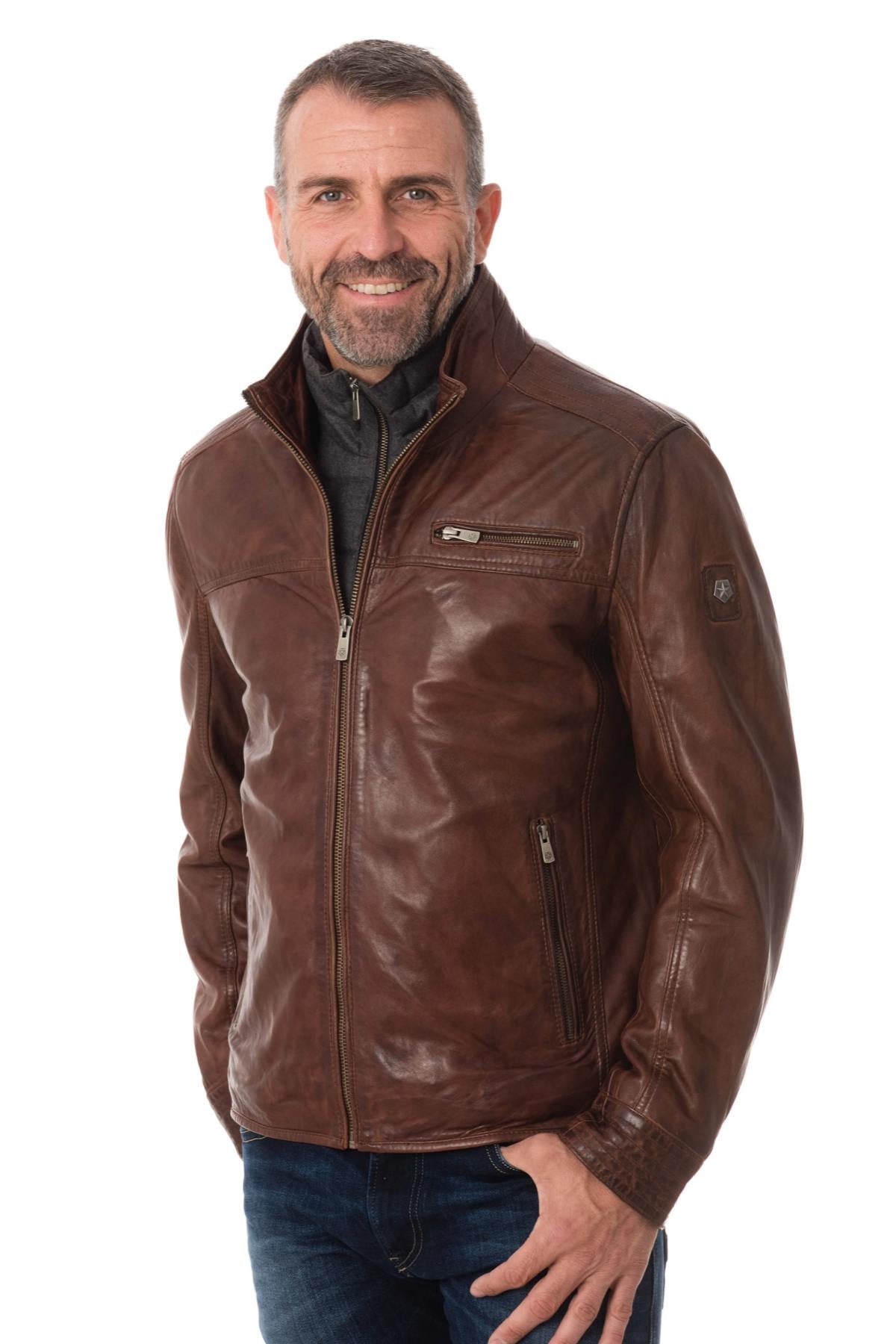 Brown Milestone leather jacket for men - Image n°3