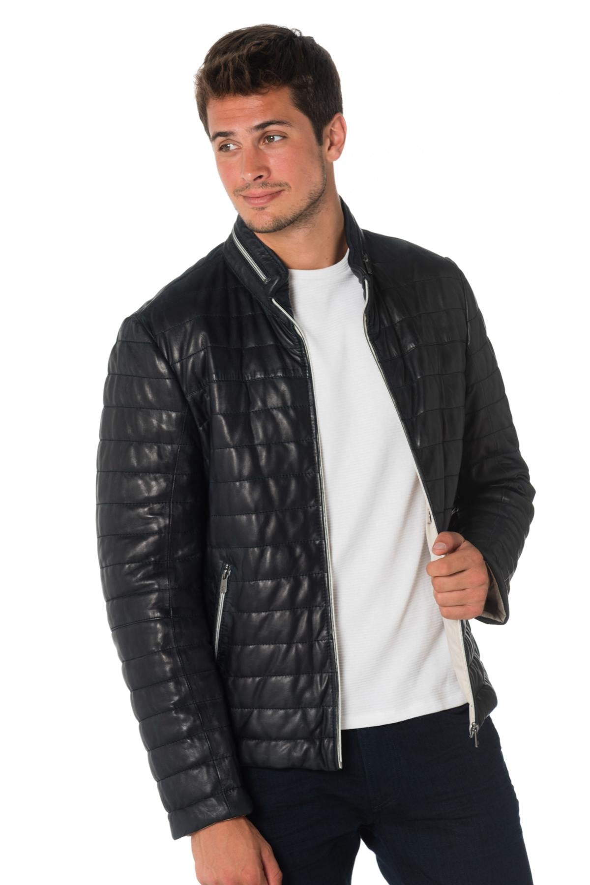 Milestone men's down jacket in navy blue lambskin - Image n°4