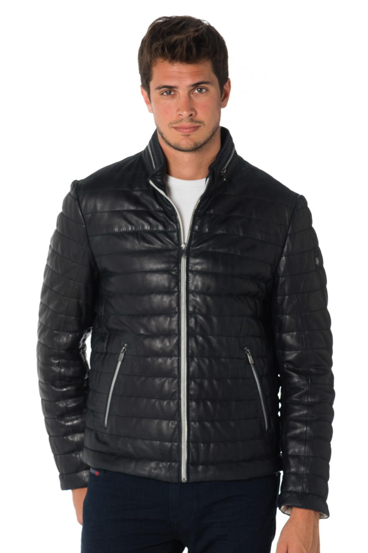 Milestone men's down jacket in navy blue lambskin - Image n°1