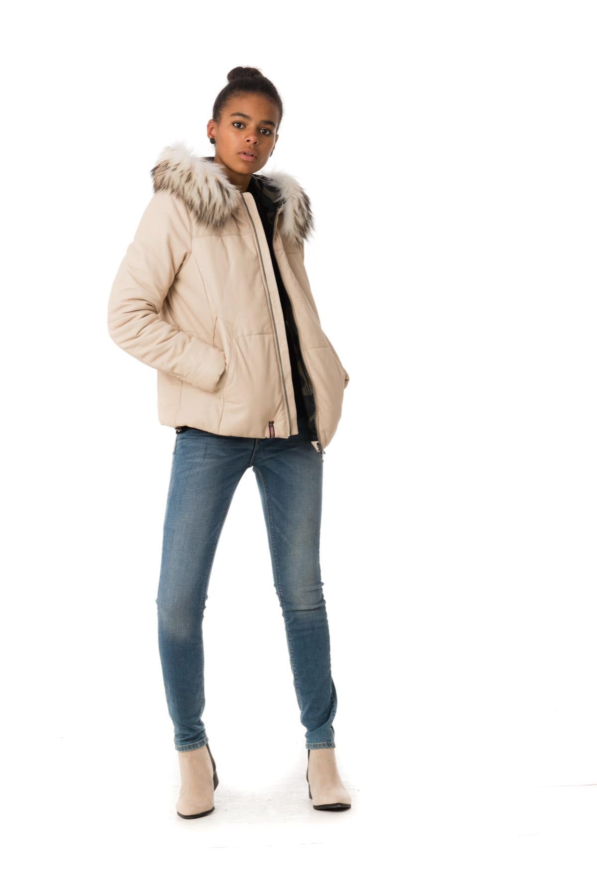 Women's ivory sheepskin leather jacket with hood - Image n°2