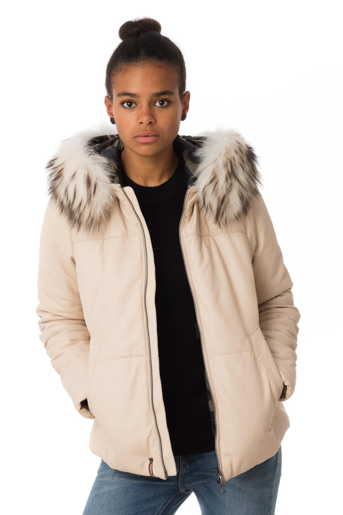 Women's ivory sheepskin leather jacket with hood - Image n°1