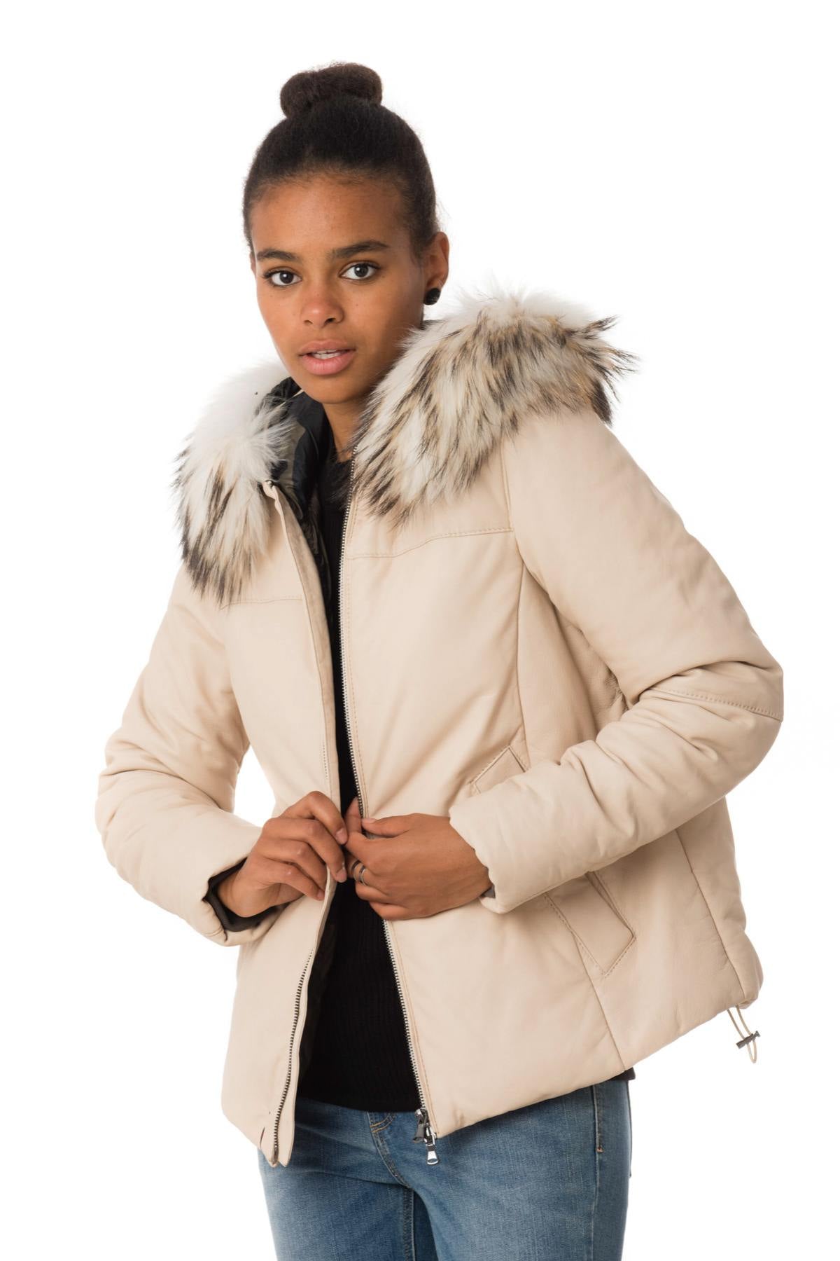 Women's ivory sheepskin leather jacket with hood - Image n°4