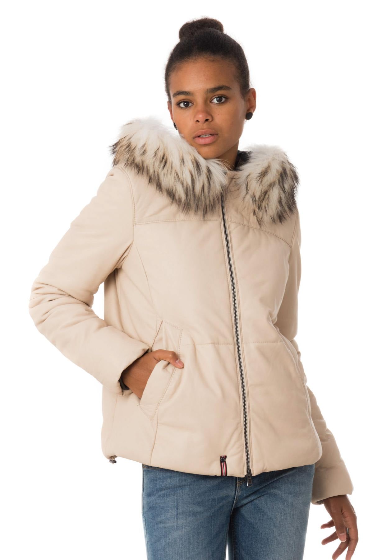 Women's ivory sheepskin leather jacket with hood - Image n°3