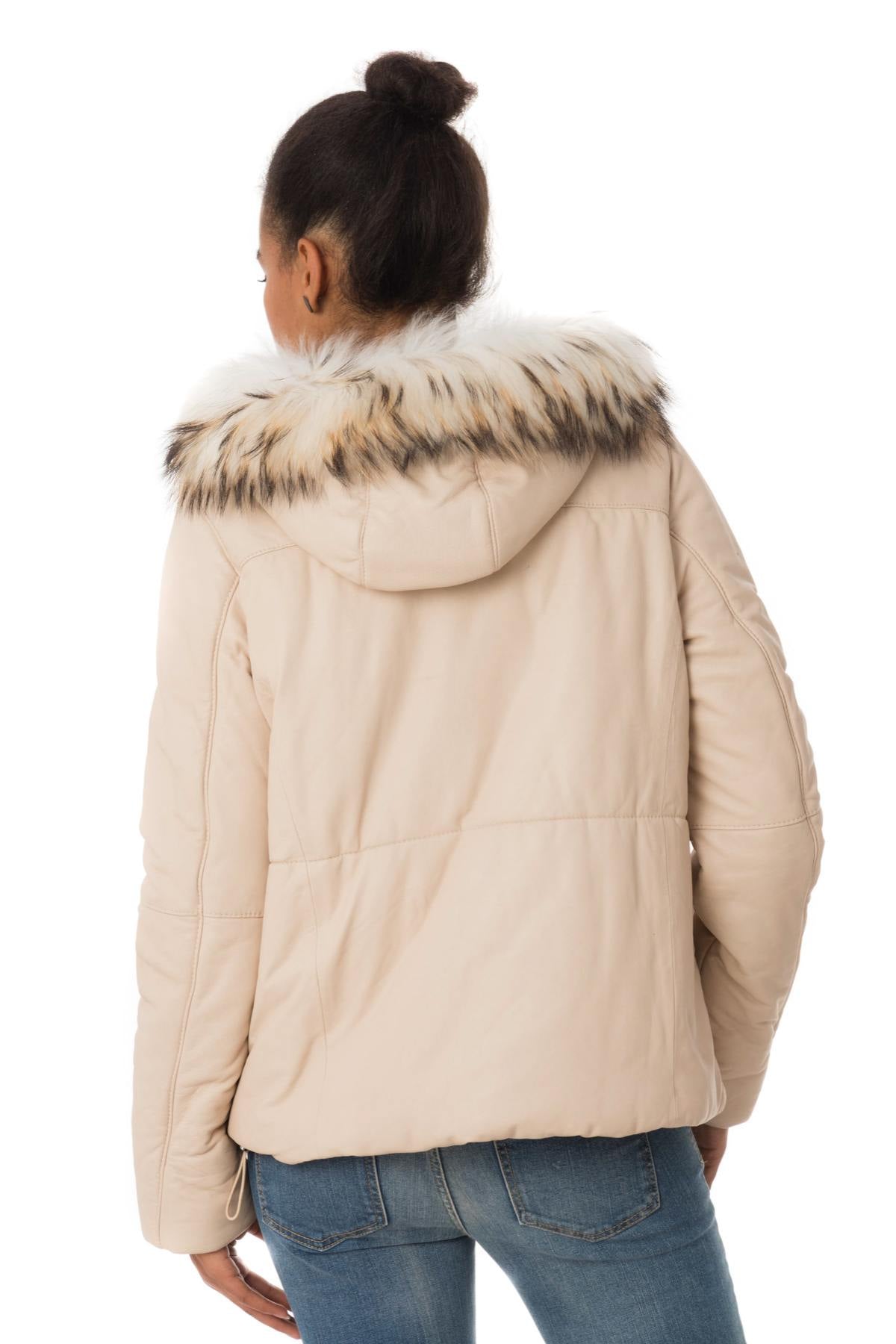 Women's ivory sheepskin leather jacket with hood - Image n°6