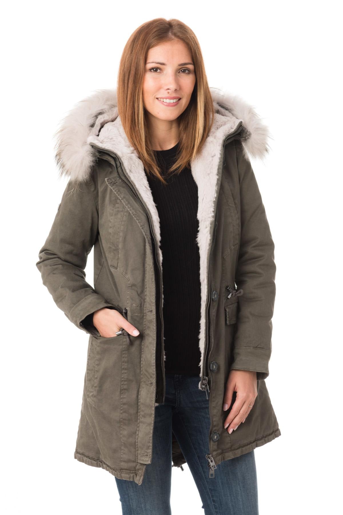 Women's light gray parka with raccoon fur - Image n°1