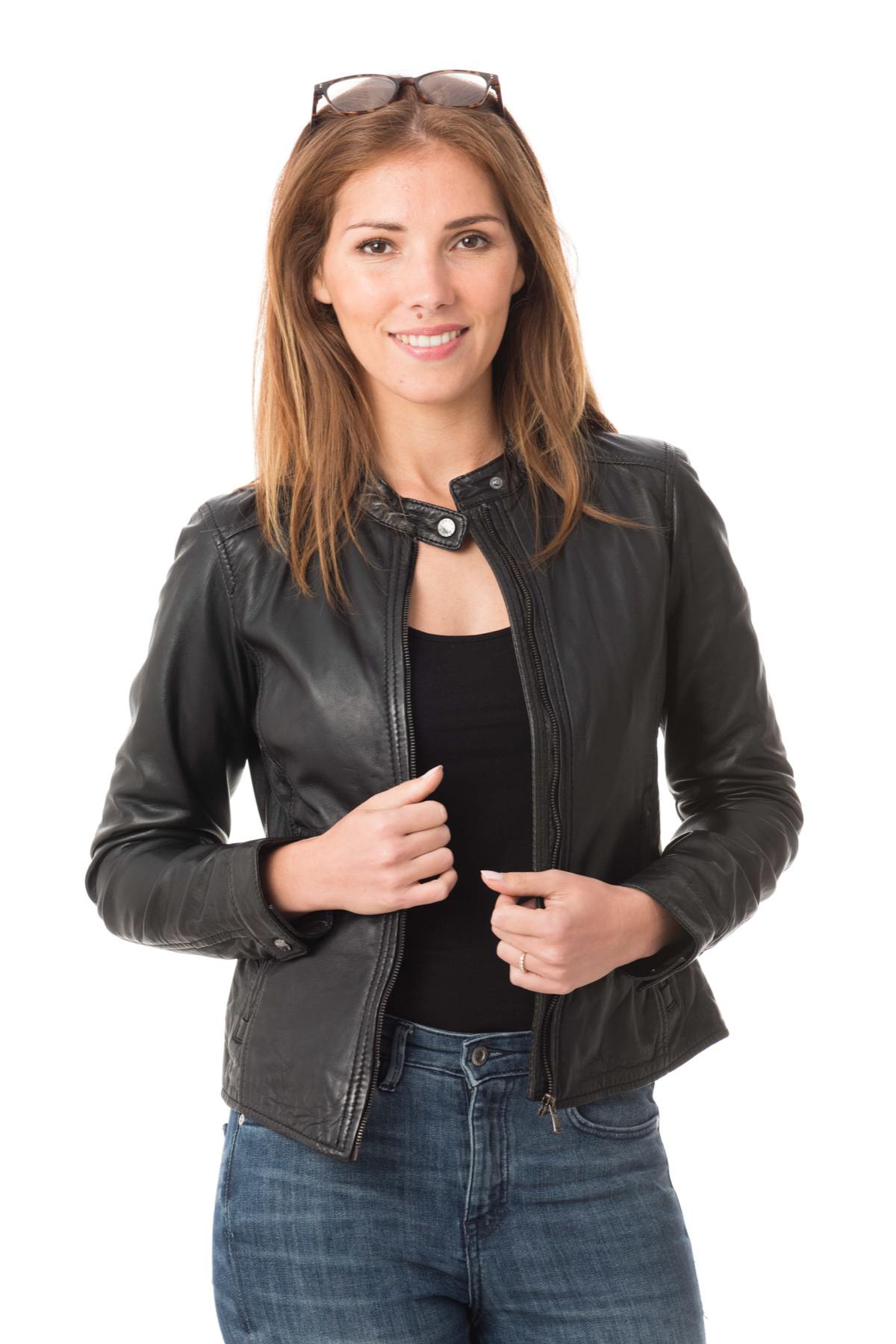 Women's black sheepskin leather jacket - Image n°4