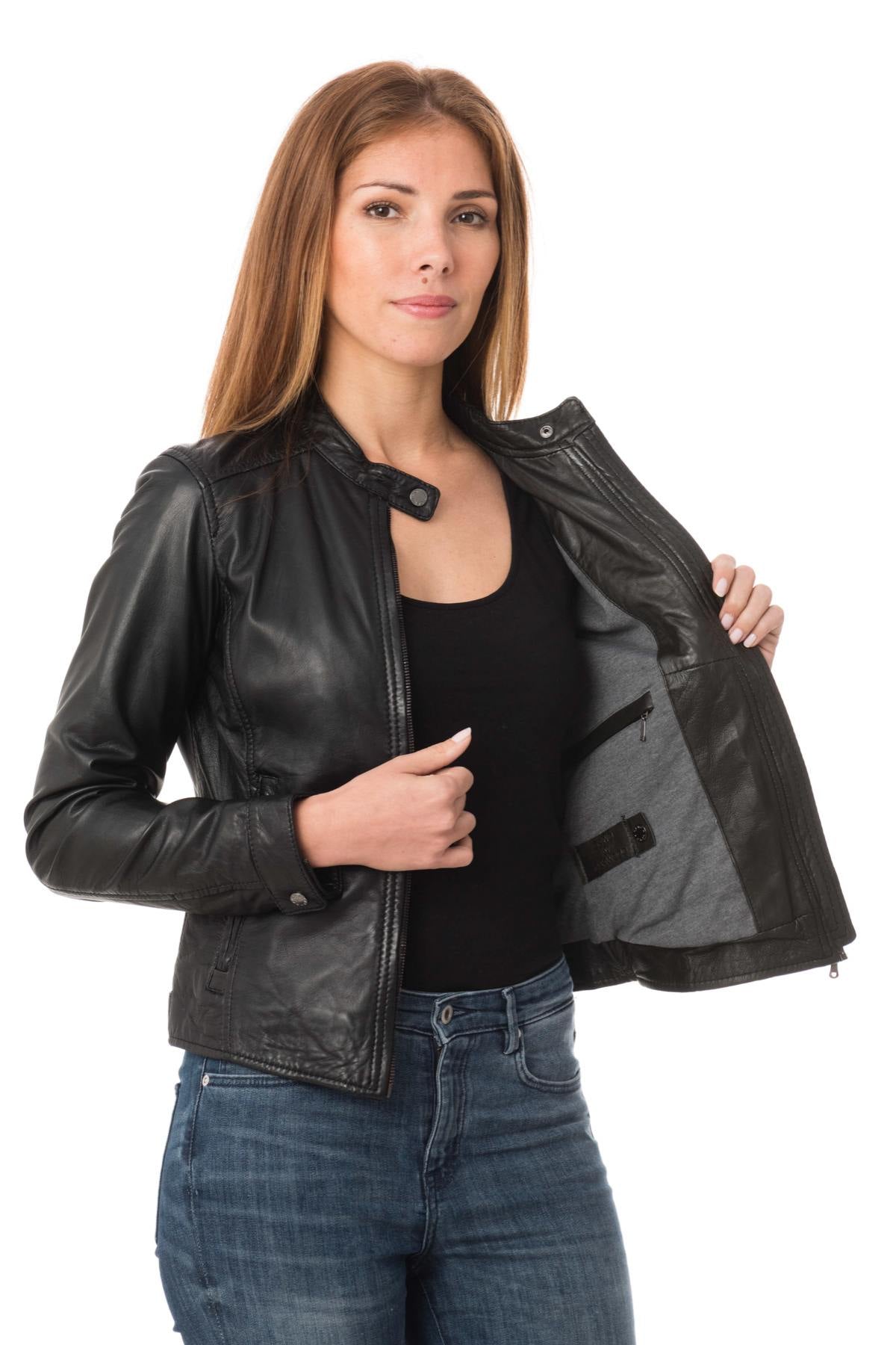 Women's black sheepskin leather jacket - Image n°5