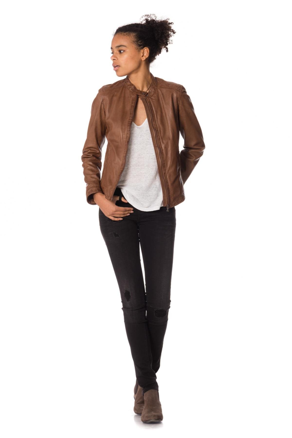 Cognac sheepskin leather jacket - Image n°2