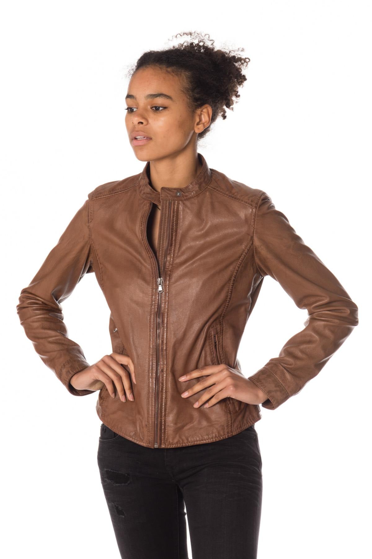 Cognac sheepskin leather jacket - Image n°4