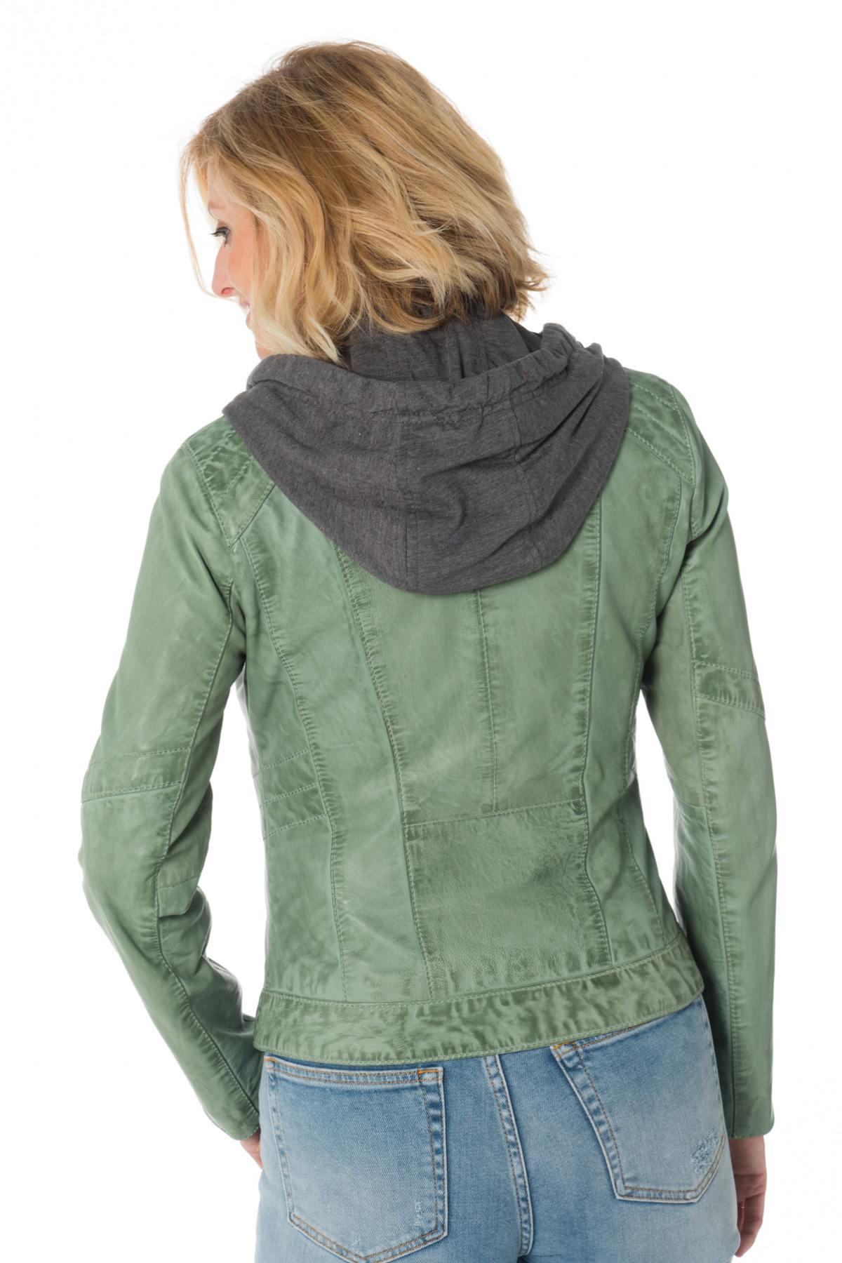 Women's hooded jacket in green sheepskin leather - Image n°5