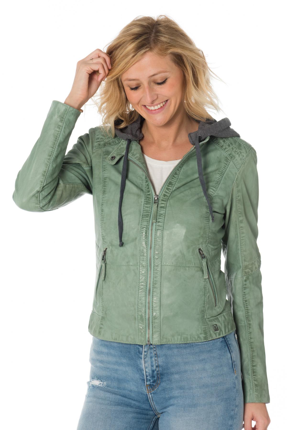 Women's hooded jacket in green sheepskin leather - Image n°1