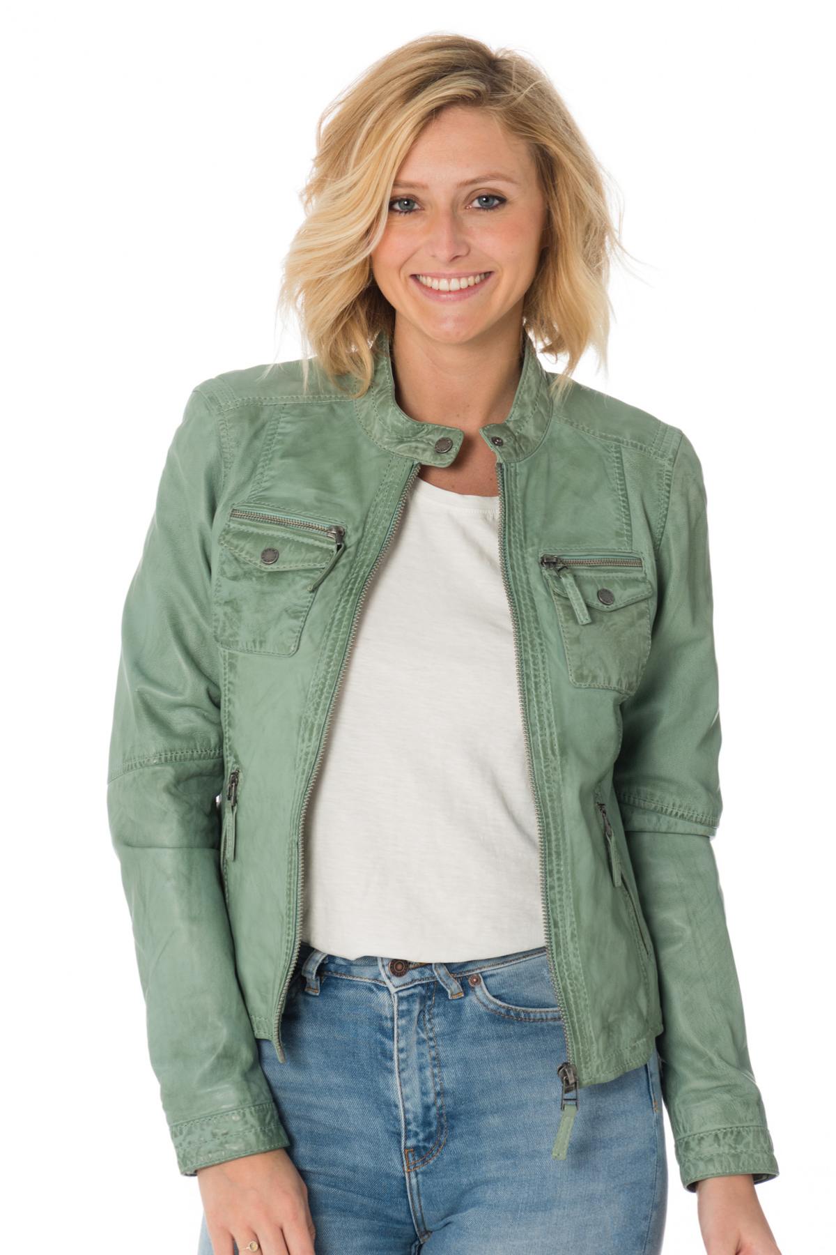 Women's green biker collar jacket - Image n°1