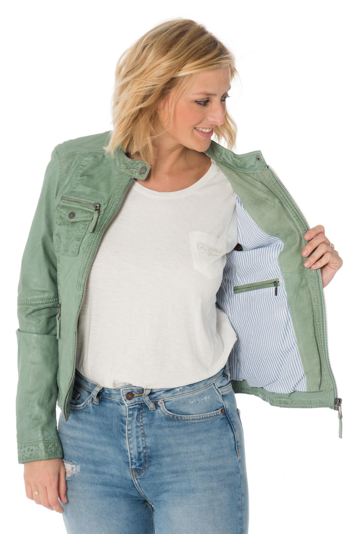 Women's green biker collar jacket - Image n°4