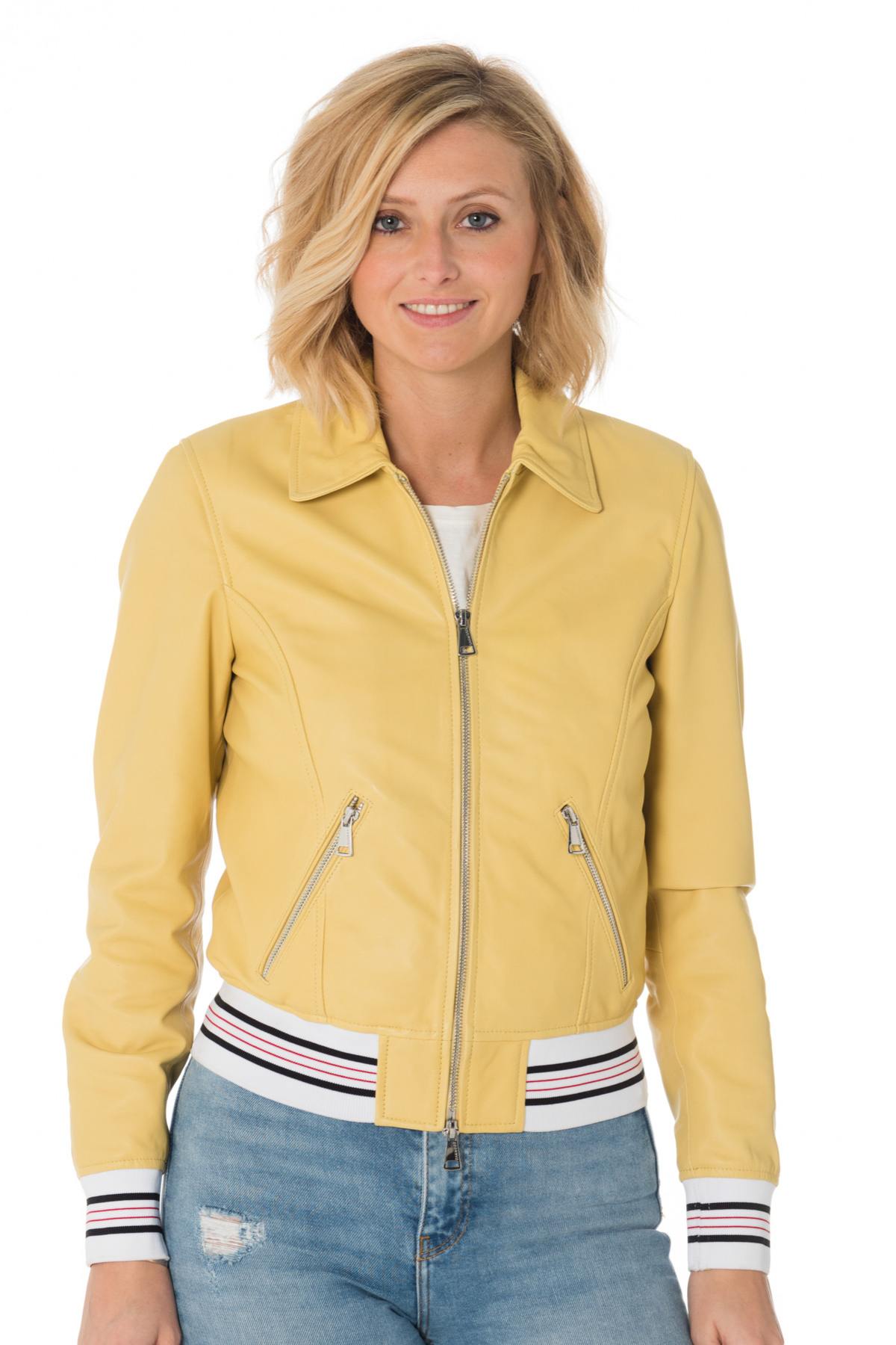 Women's sports jacket in yellow sheepskin leather - Image n°1