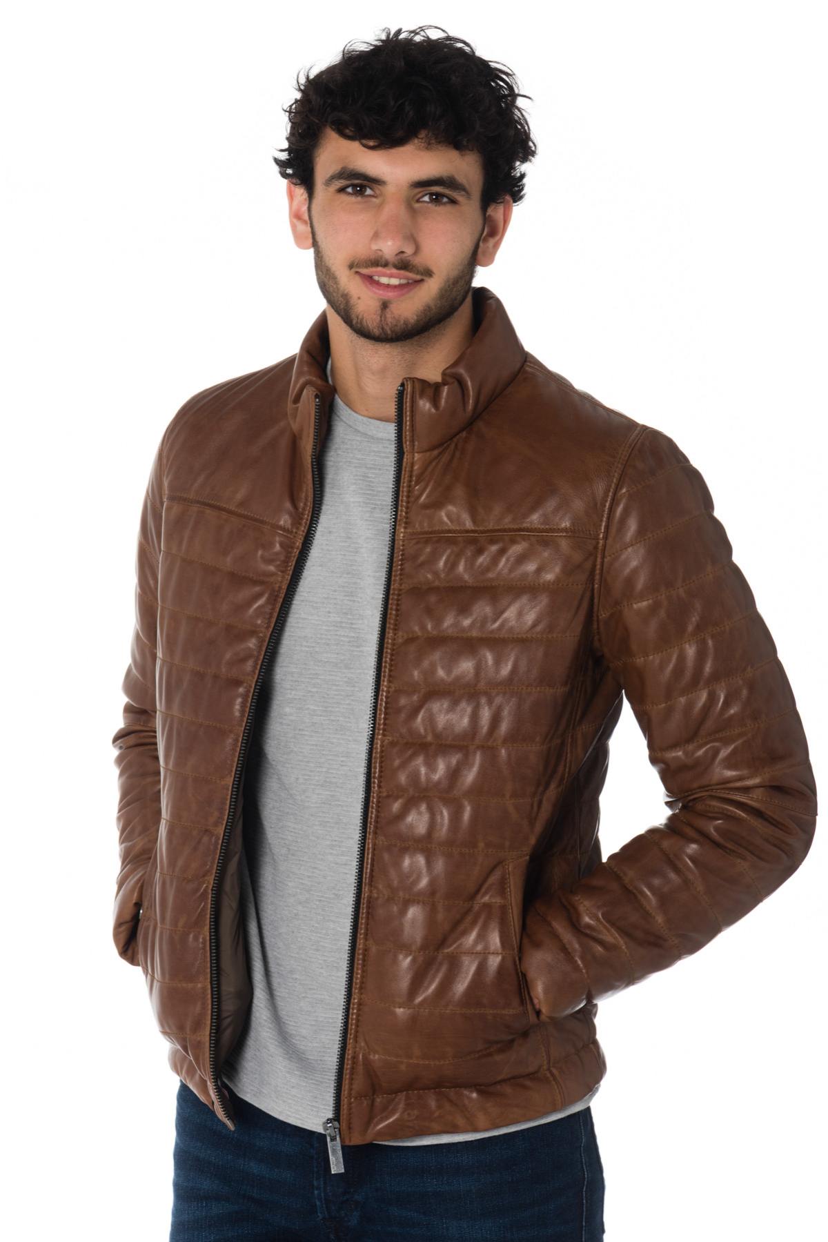 Men's cognac aged-effect down jacket in sheepskin - Image n°3