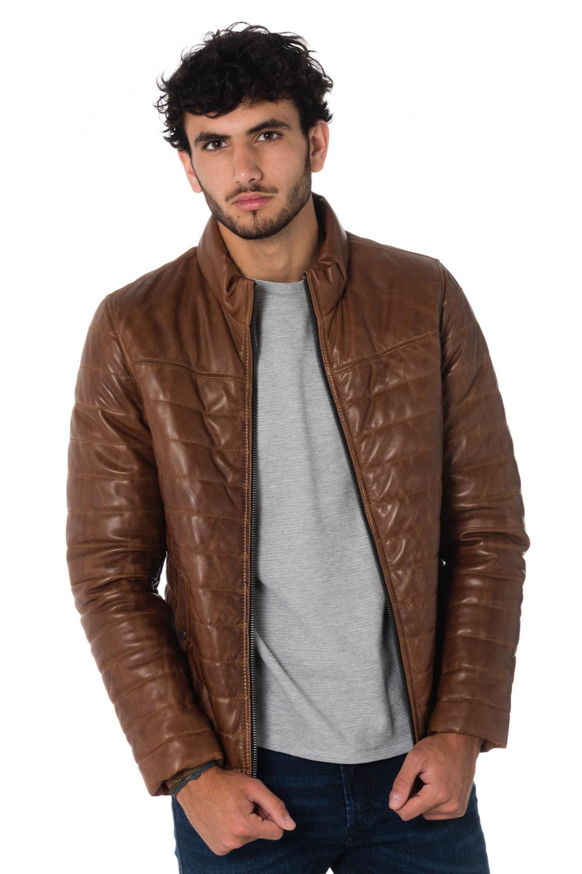 Men's cognac aged-effect down jacket in sheepskin - Image n°5