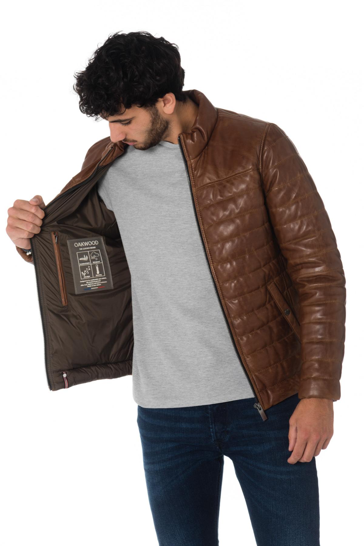 Men's cognac aged-effect down jacket in sheepskin - Image n°6