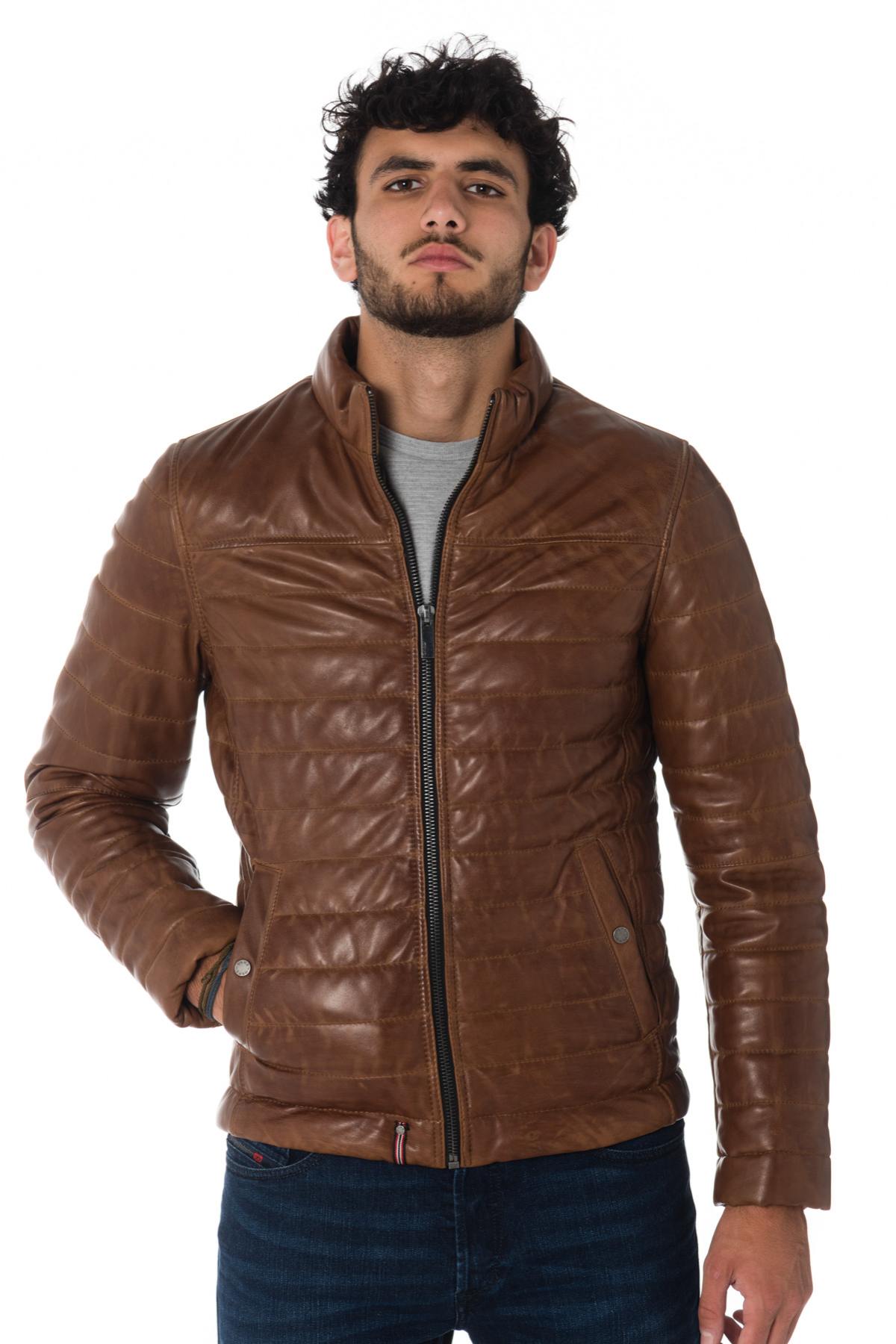 Men's cognac aged-effect down jacket in sheepskin - Image n°4