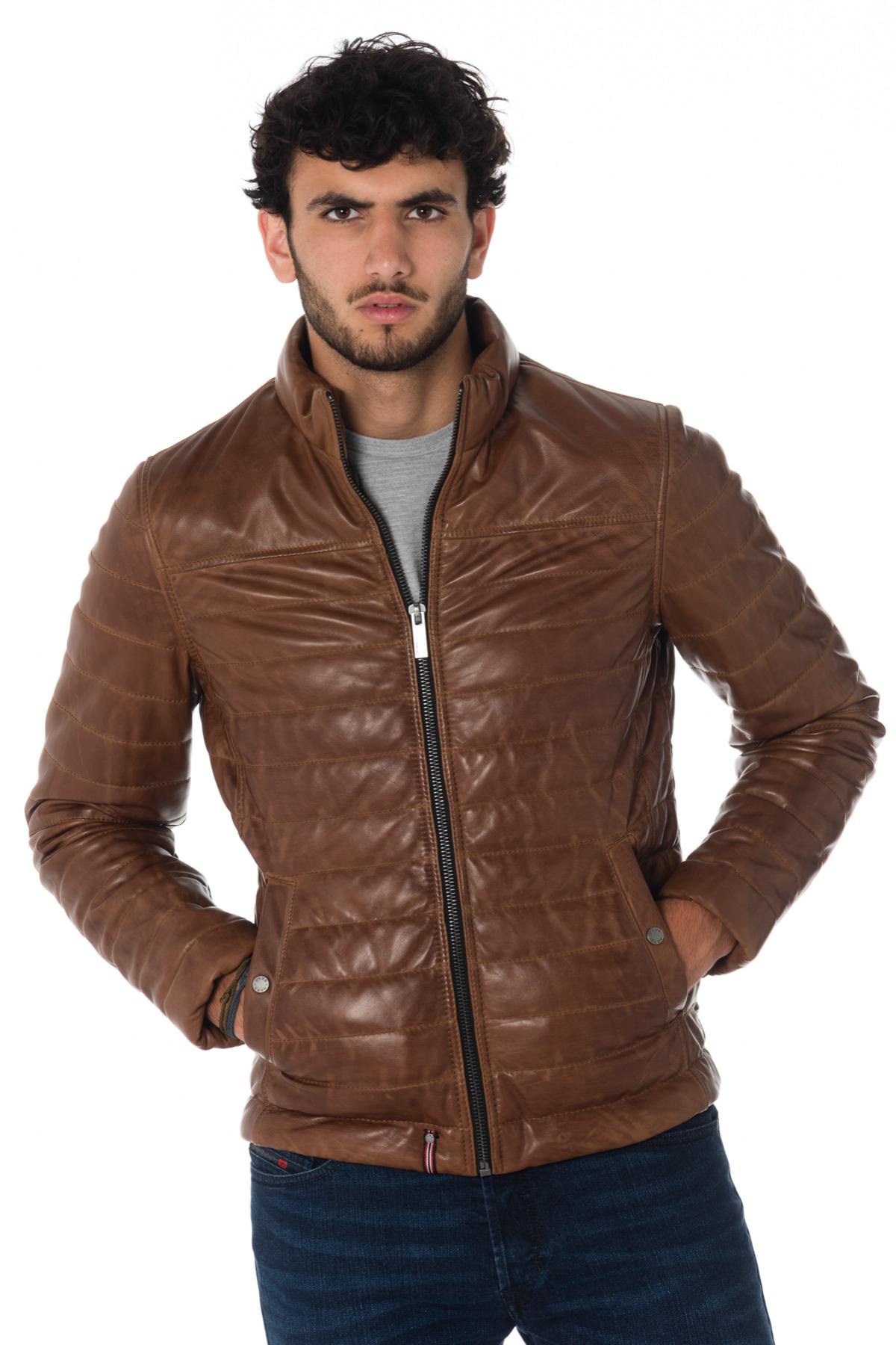 Men's cognac aged-effect down jacket in sheepskin - Image n°1