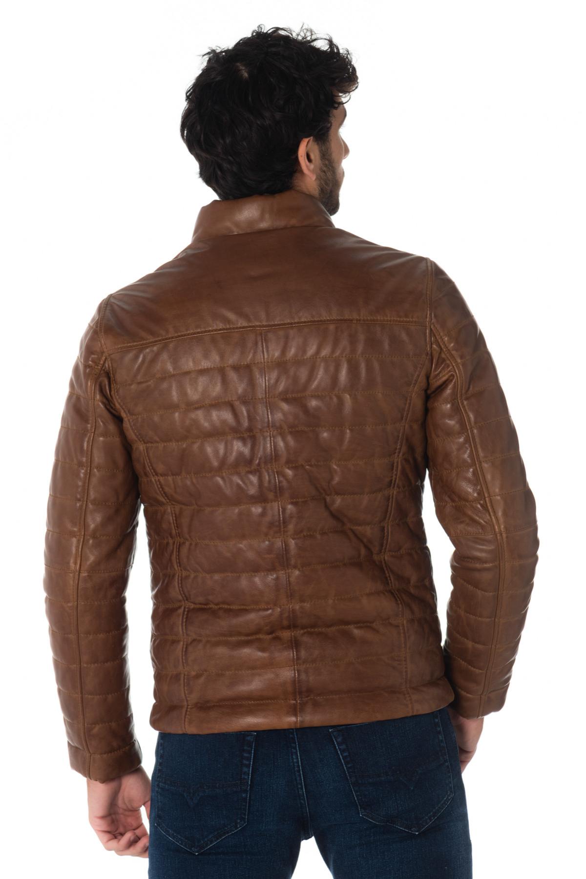 Men's cognac aged-effect down jacket in sheepskin - Image n°7