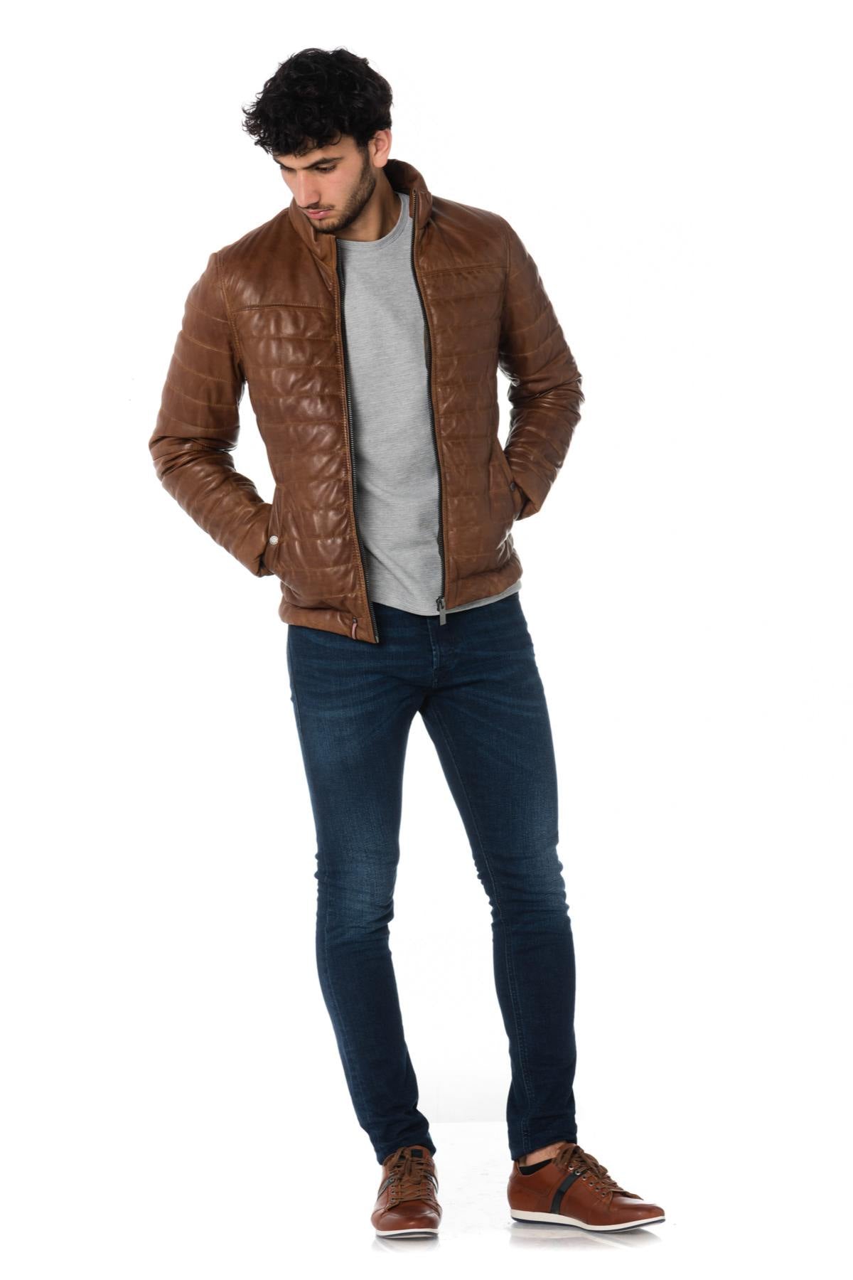 Men's cognac aged-effect down jacket in sheepskin - Image n°2