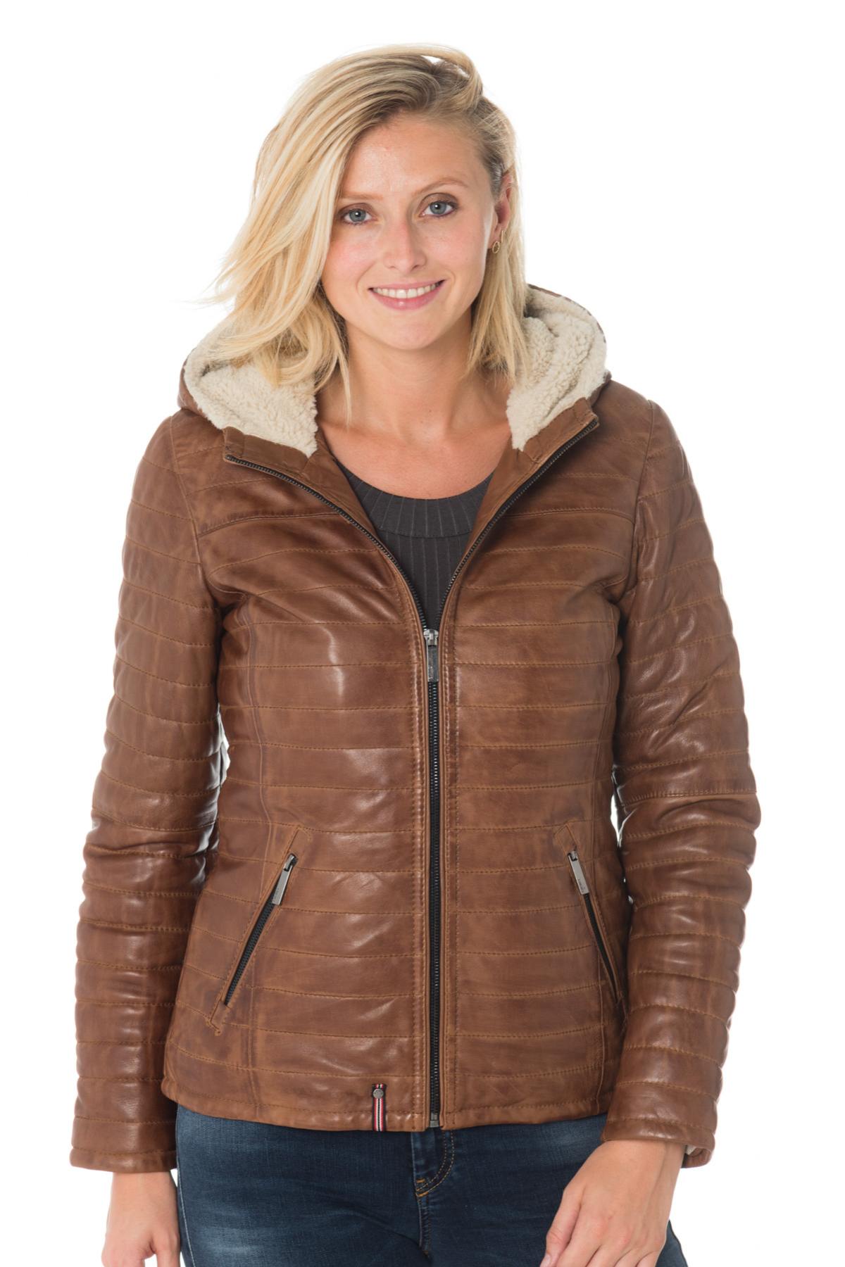 Women's down jacket with hood in cognac color - Image n°1