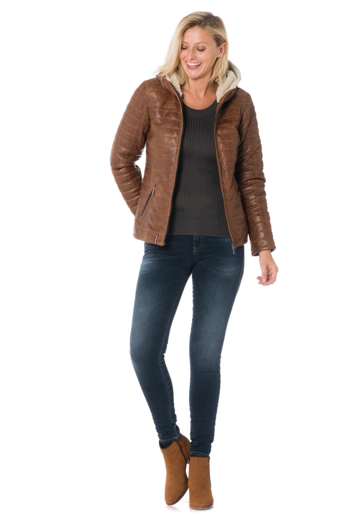 Women's down jacket with hood in cognac color - Image n°2