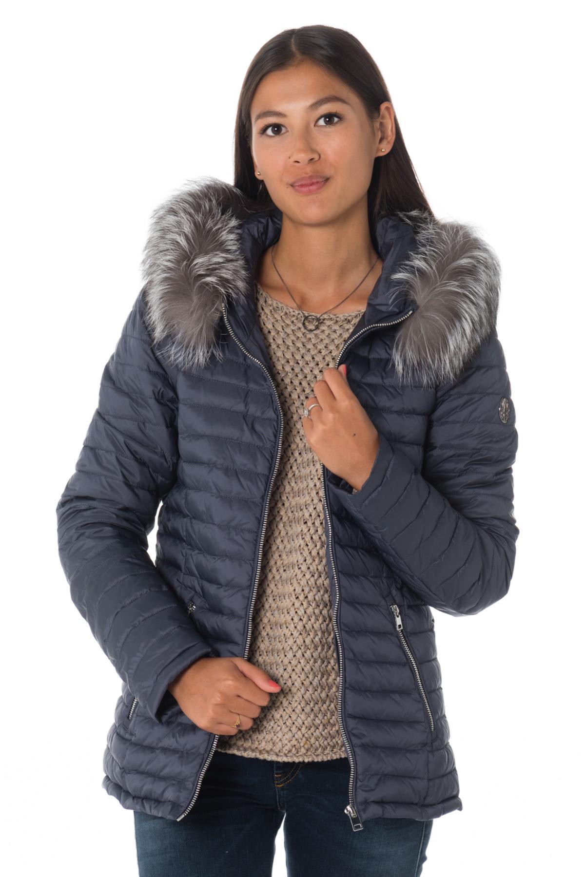 Blue nylon down jacket with fox fur - Image n°5