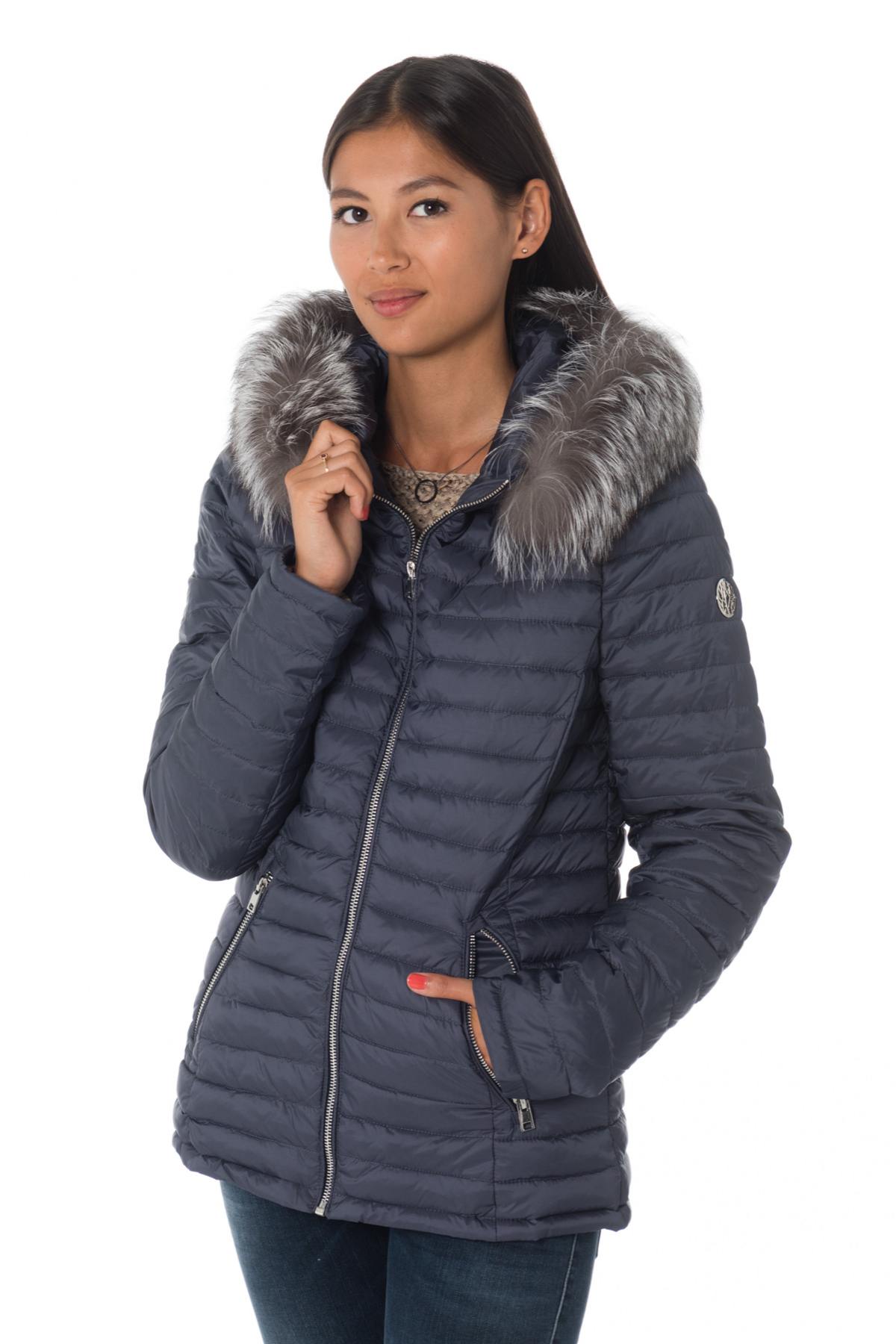 Blue nylon down jacket with fox fur - Image n°3