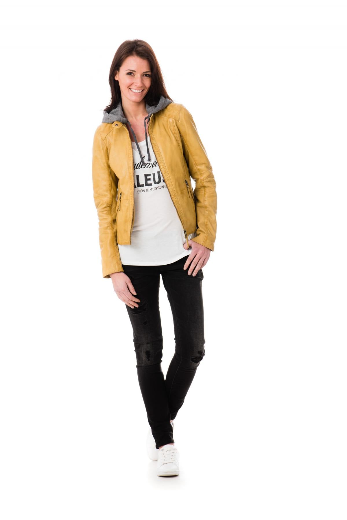 Yellow leather hooded collar jacket for women Oakwood - Image n°2