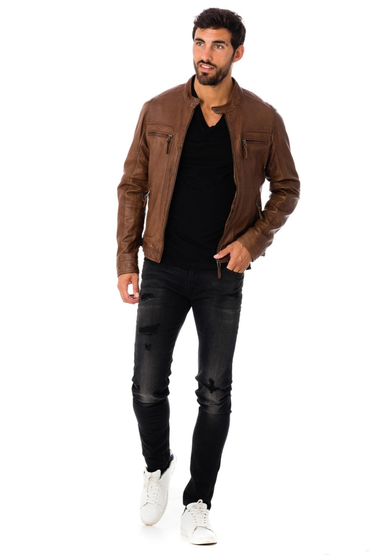 Tobacco biker collar fashion jacket - Image n°2