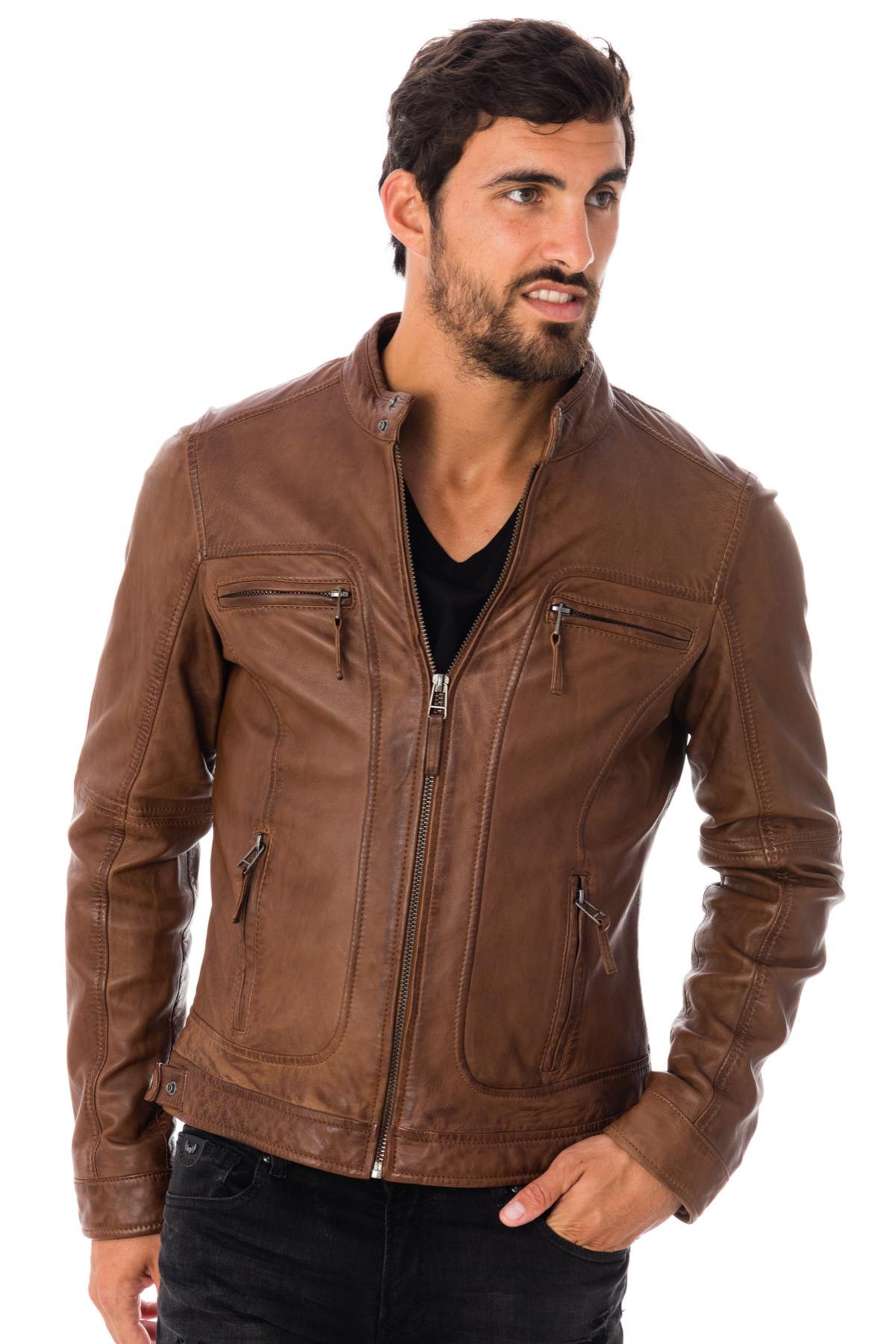 Tobacco biker collar fashion jacket - Image n°1