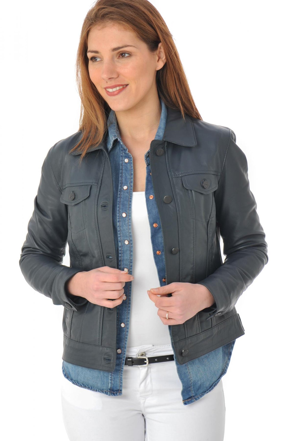 Classic navy leather jacket - Image n°1