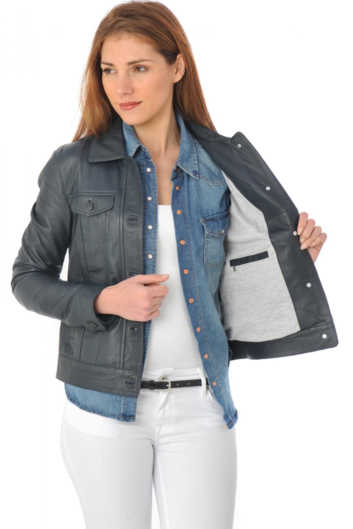 Classic navy leather jacket - Image n°5