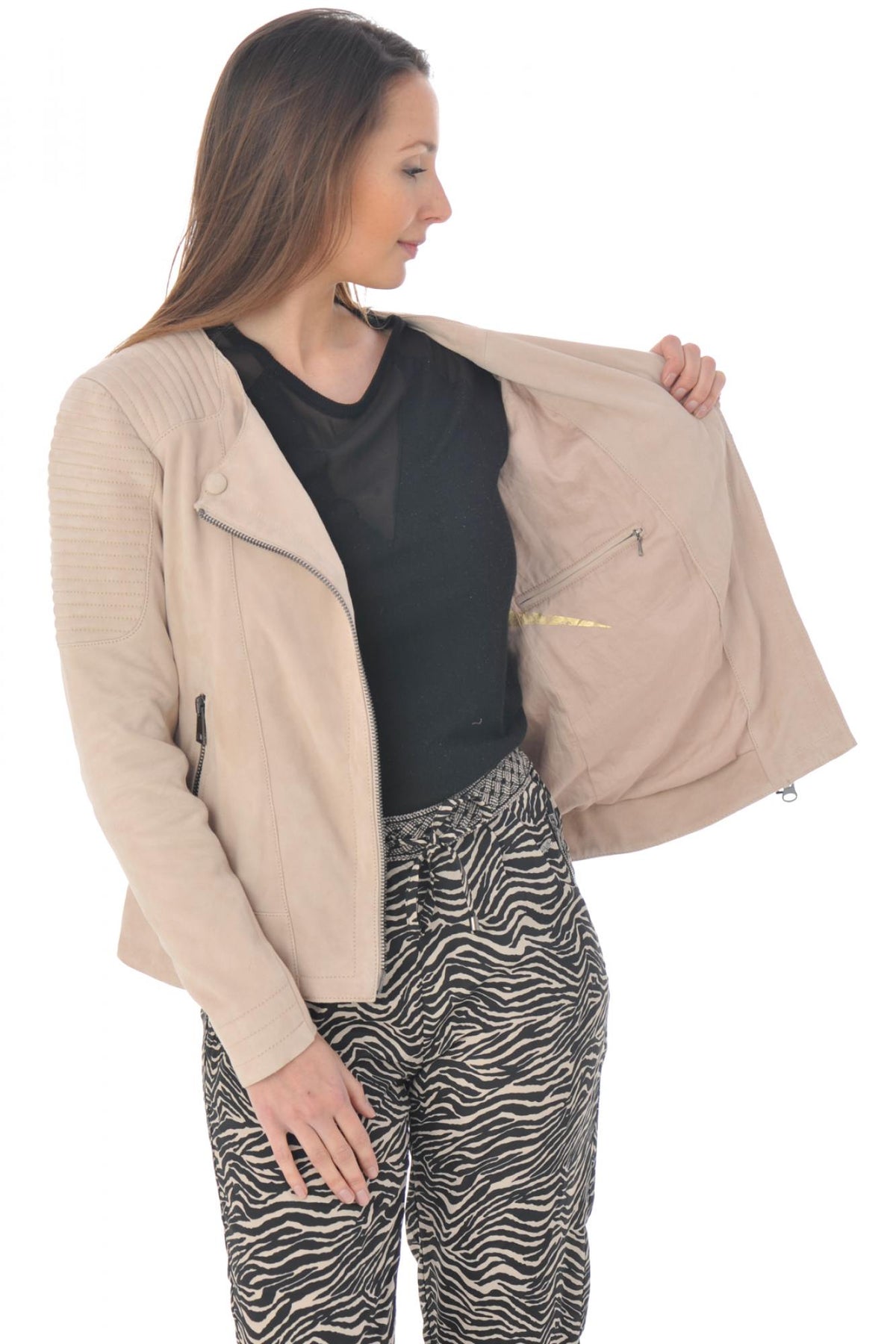 Light pink suede effect leather jacket - Image n°6