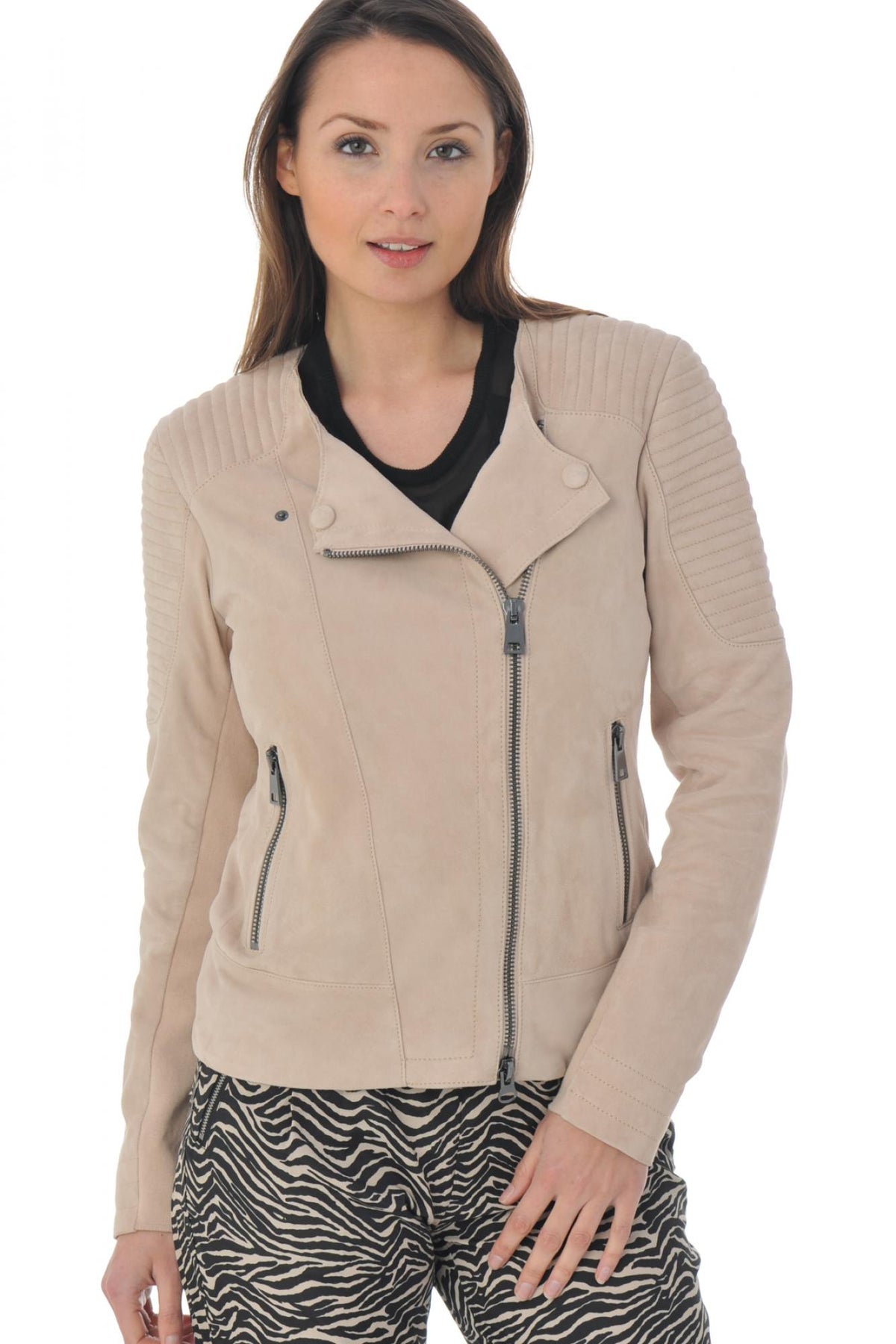 Light pink suede effect leather jacket - Image n°3