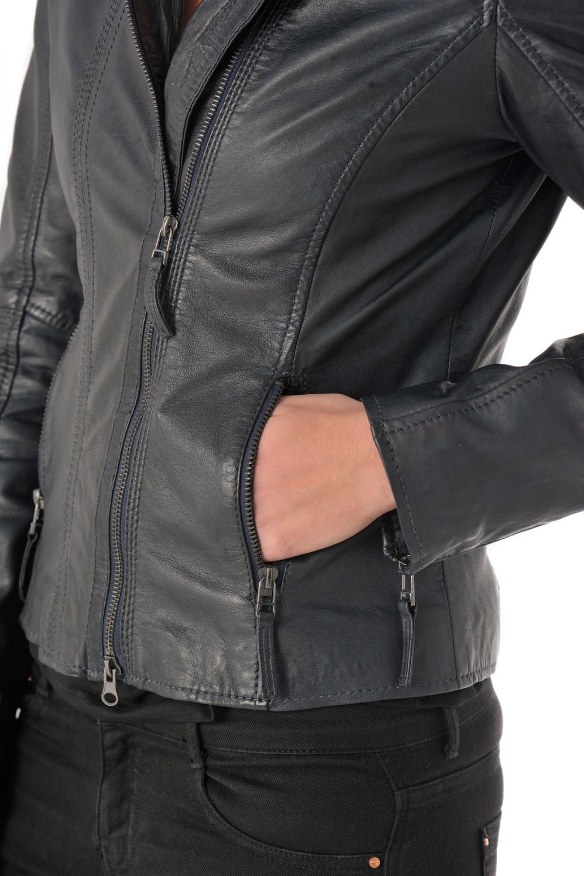 Navy blue leather jacket with shirt collar - Image n°6