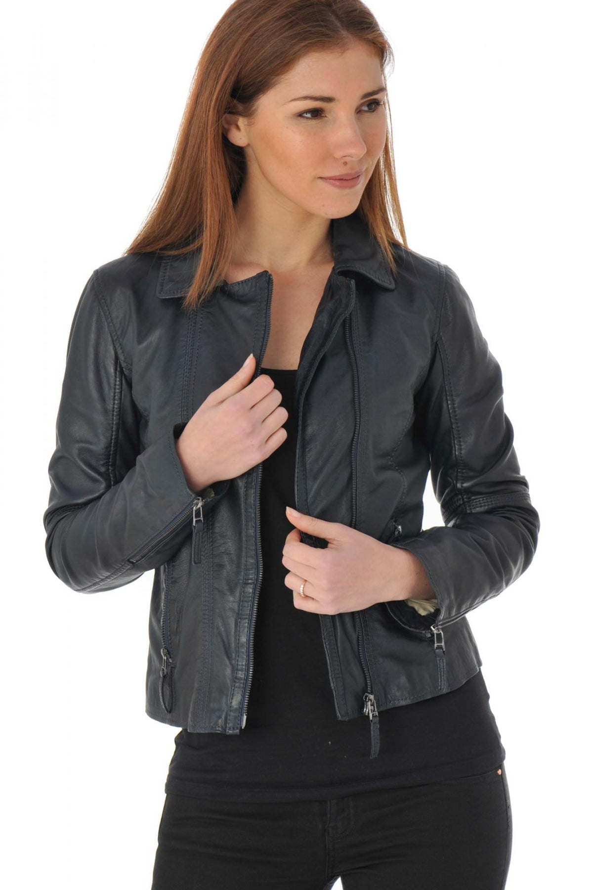 Navy blue leather jacket with shirt collar - Image n°1