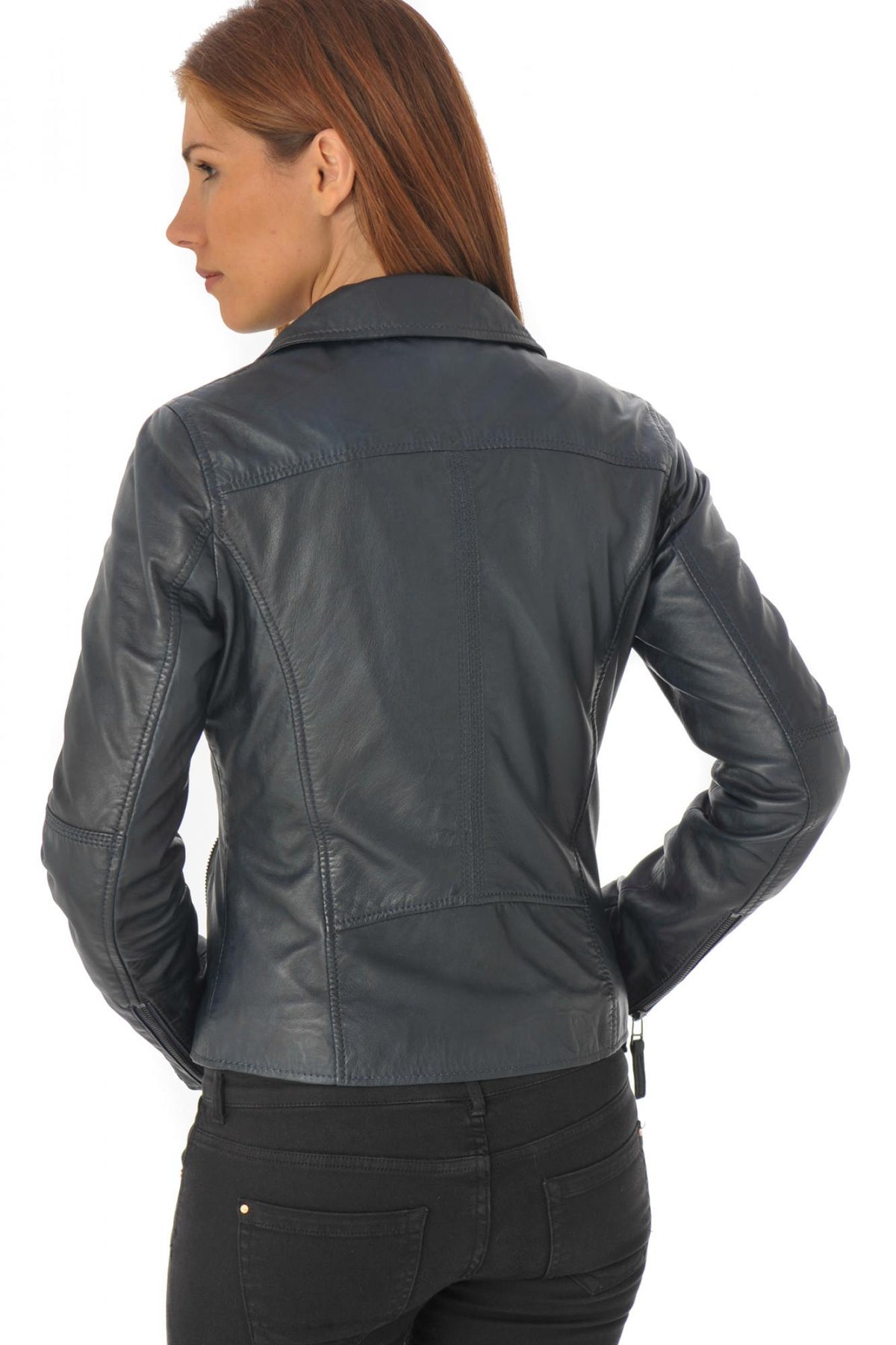 Navy blue leather jacket with shirt collar - Image n°4