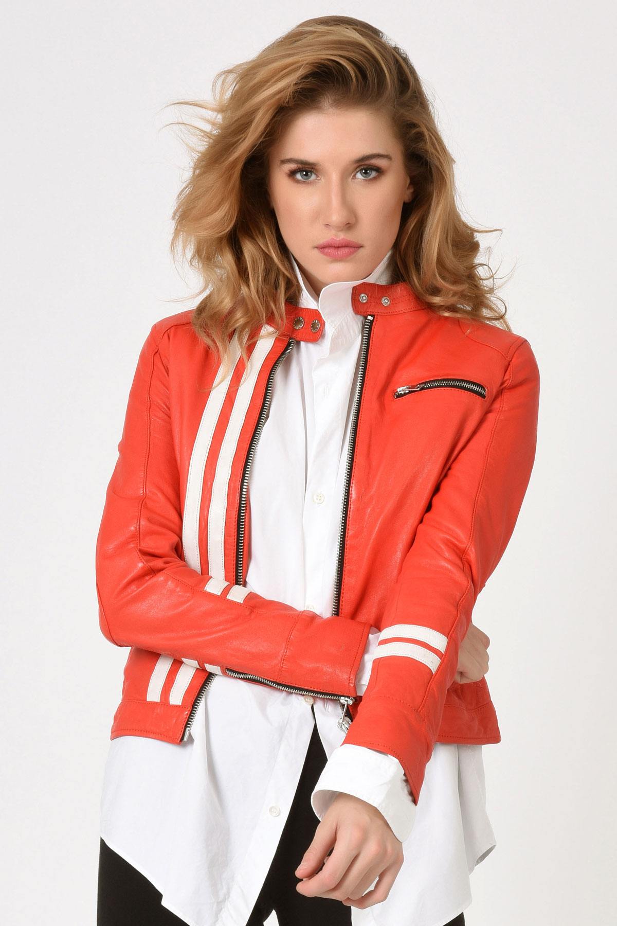 Red leather biker jacket - Image n°1