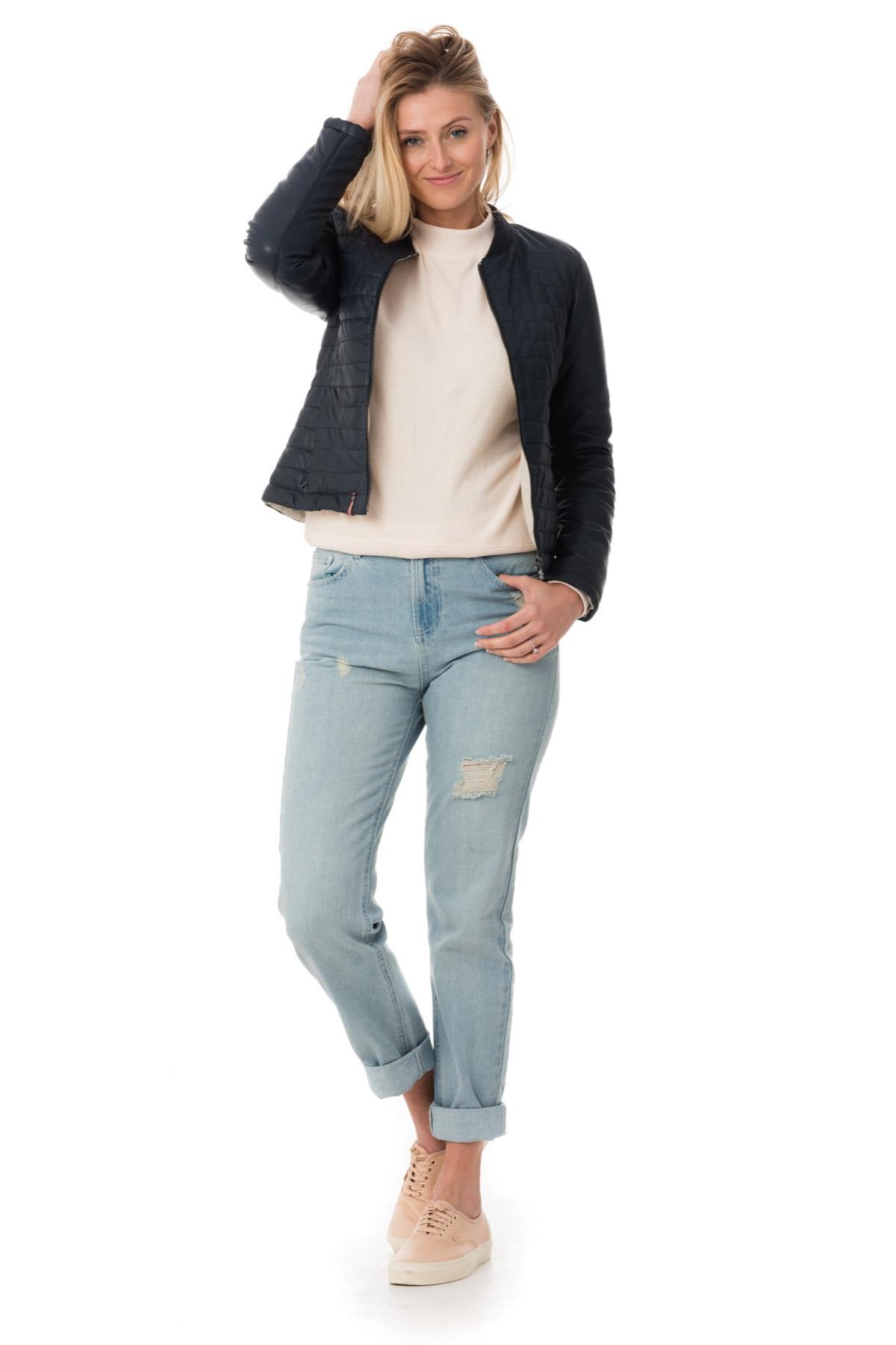 Women's navy blue sheepskin leather jacket - Image n°2