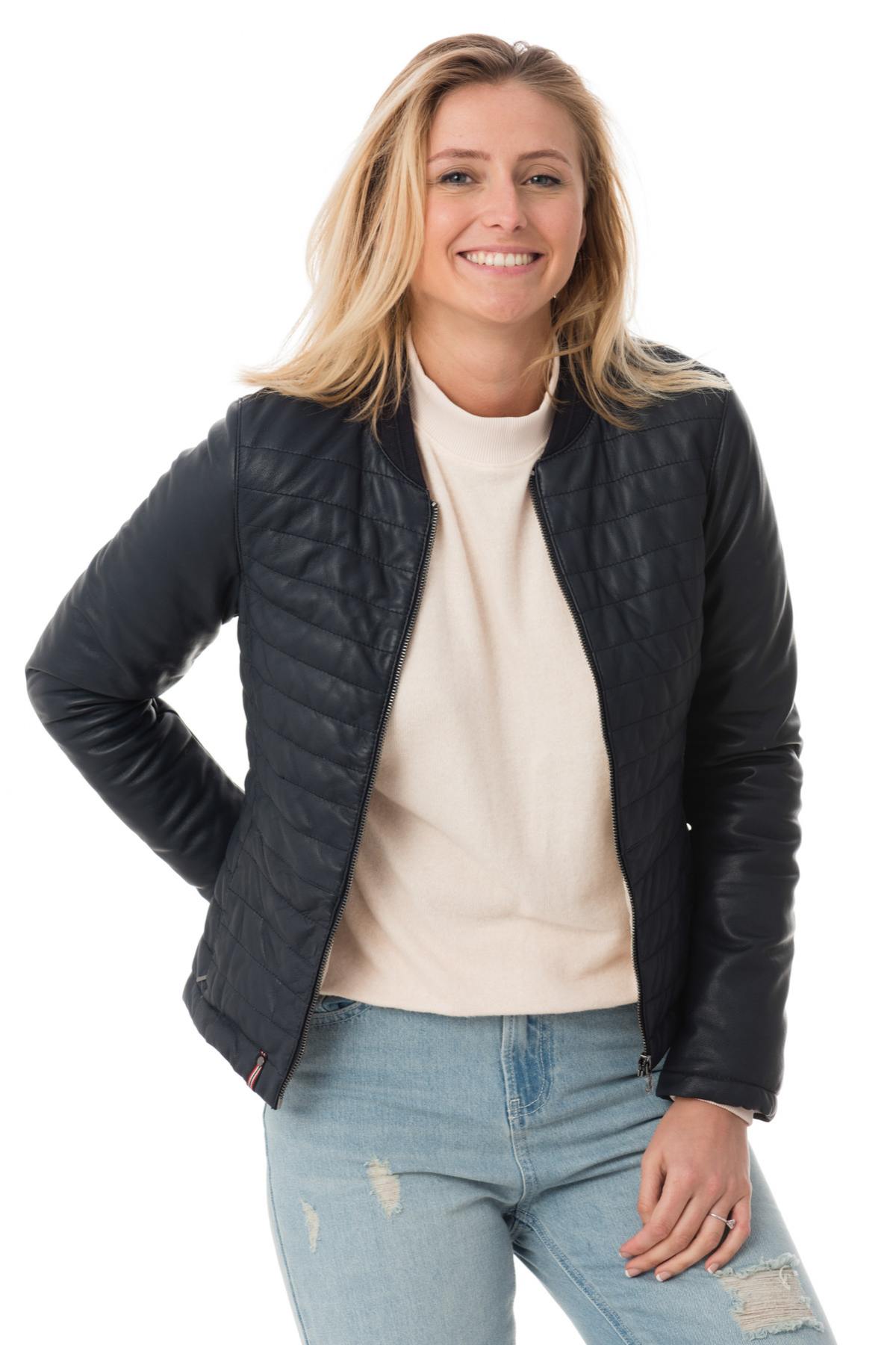 Women's navy blue sheepskin leather jacket - Image n°3