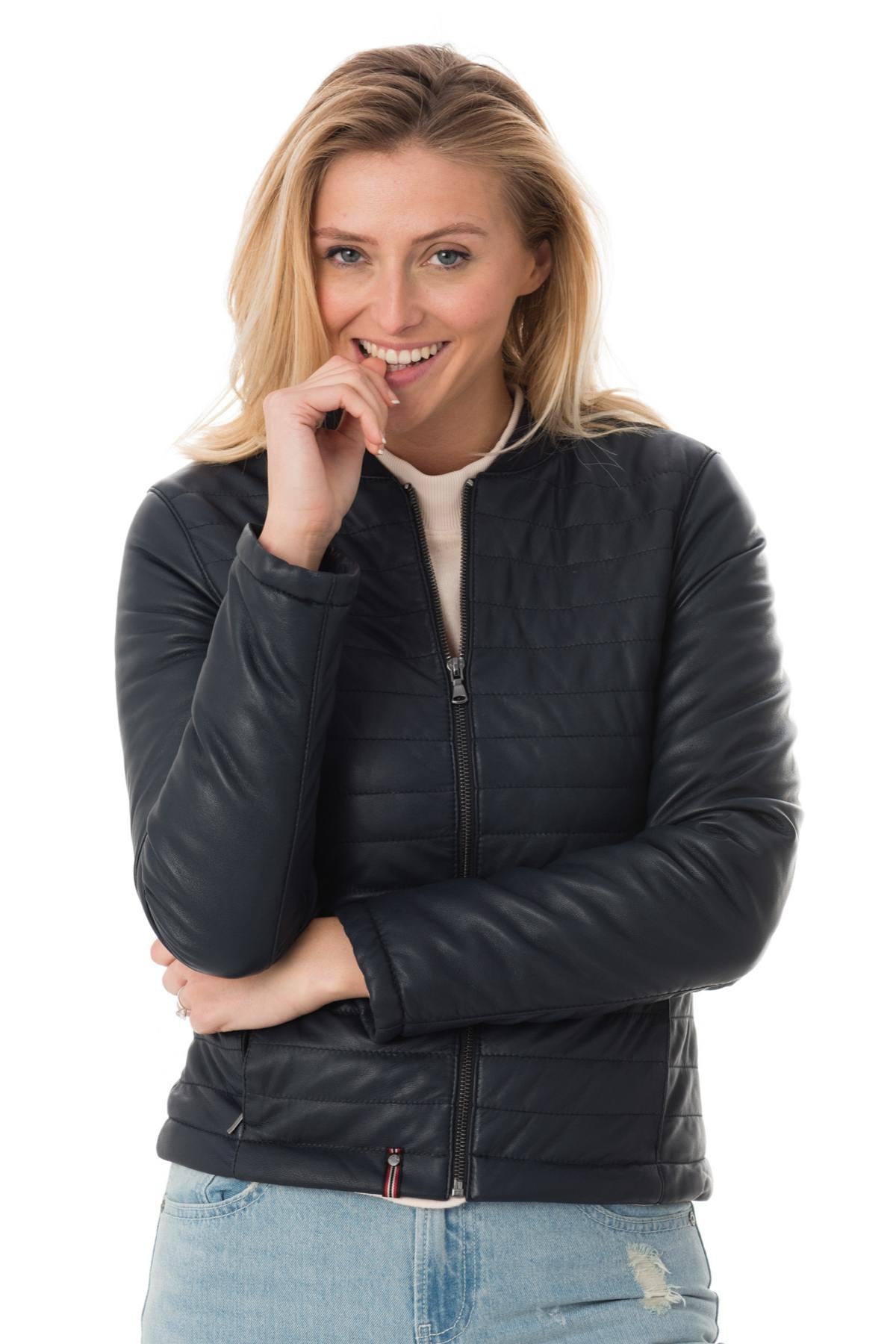 Women's navy blue sheepskin leather jacket - Image n°4