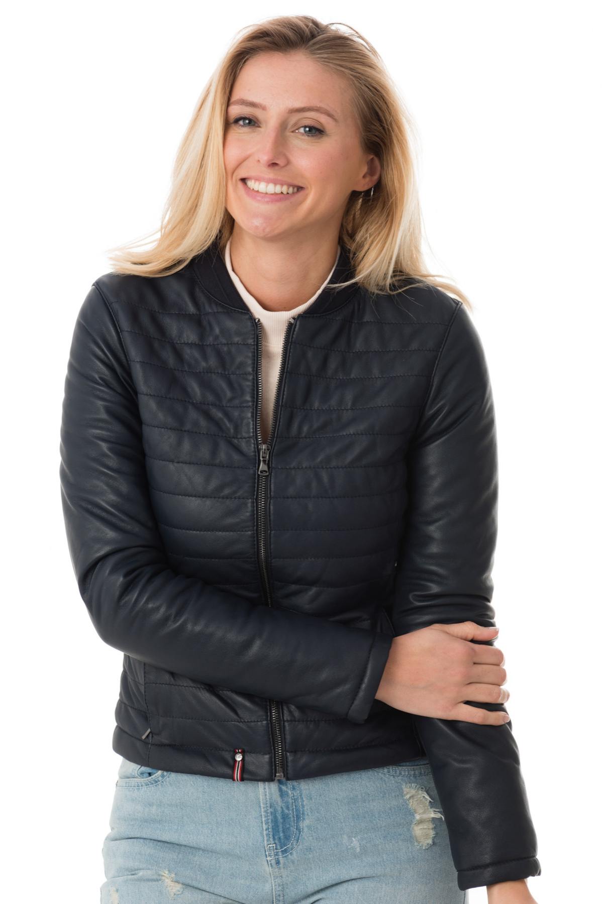 Women's navy blue sheepskin leather jacket - Image n°1