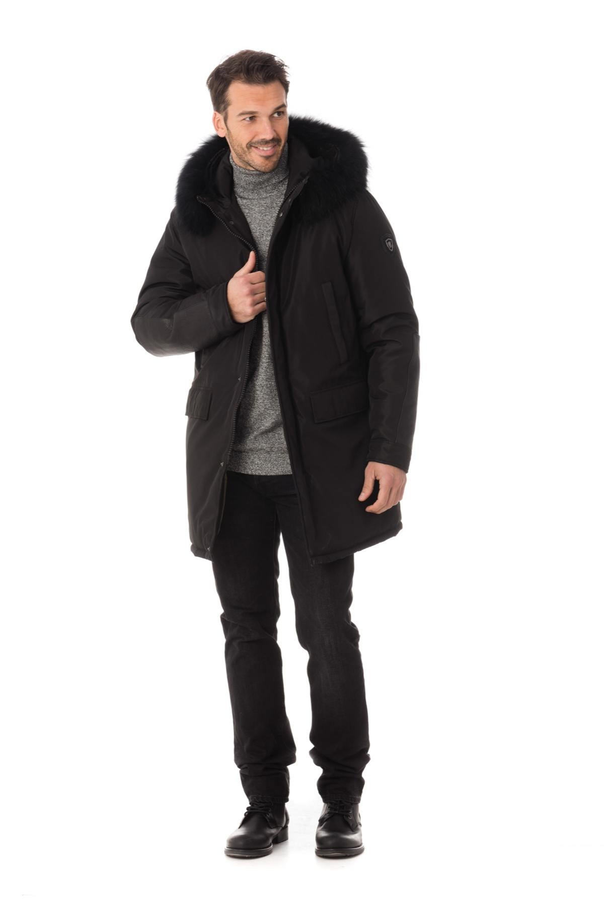 Men's coat in polyester and black leather - Image n°2